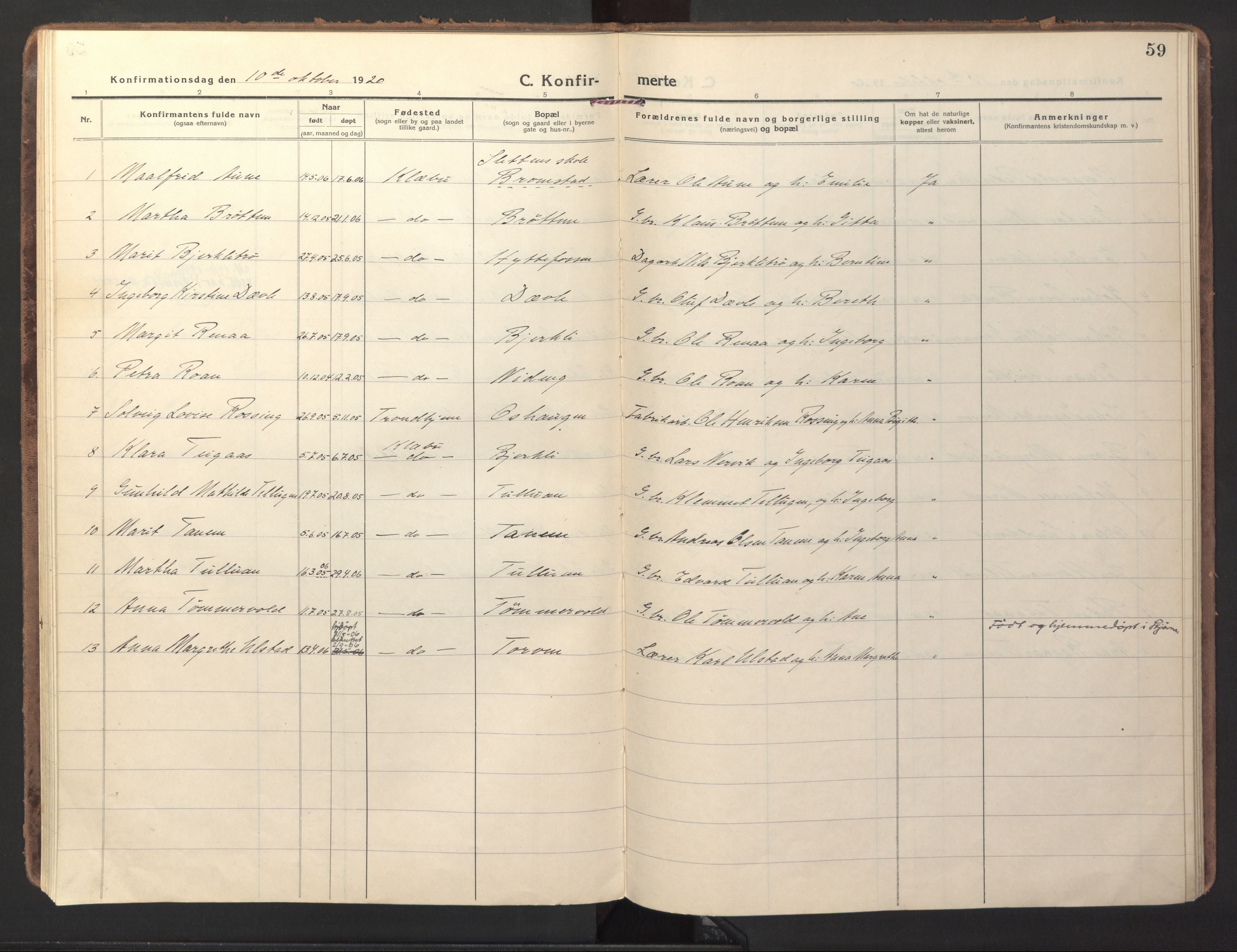 Ministerialprotokoller, klokkerbøker og fødselsregistre - Sør-Trøndelag, AV/SAT-A-1456/618/L0449: Parish register (official) no. 618A12, 1917-1924, p. 59