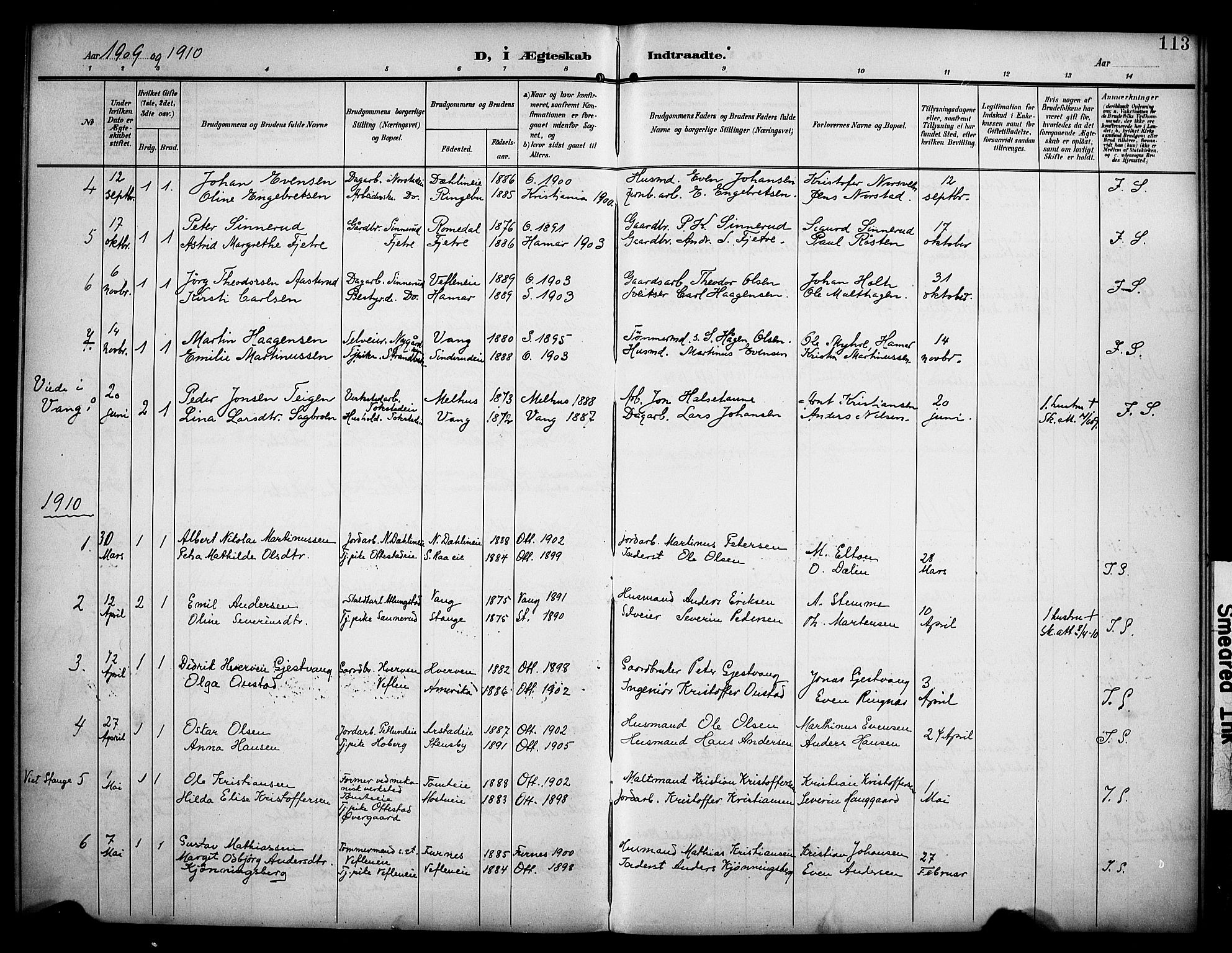 Stange prestekontor, AV/SAH-PREST-002/K/L0022: Parish register (official) no. 22, 1903-1914, p. 113