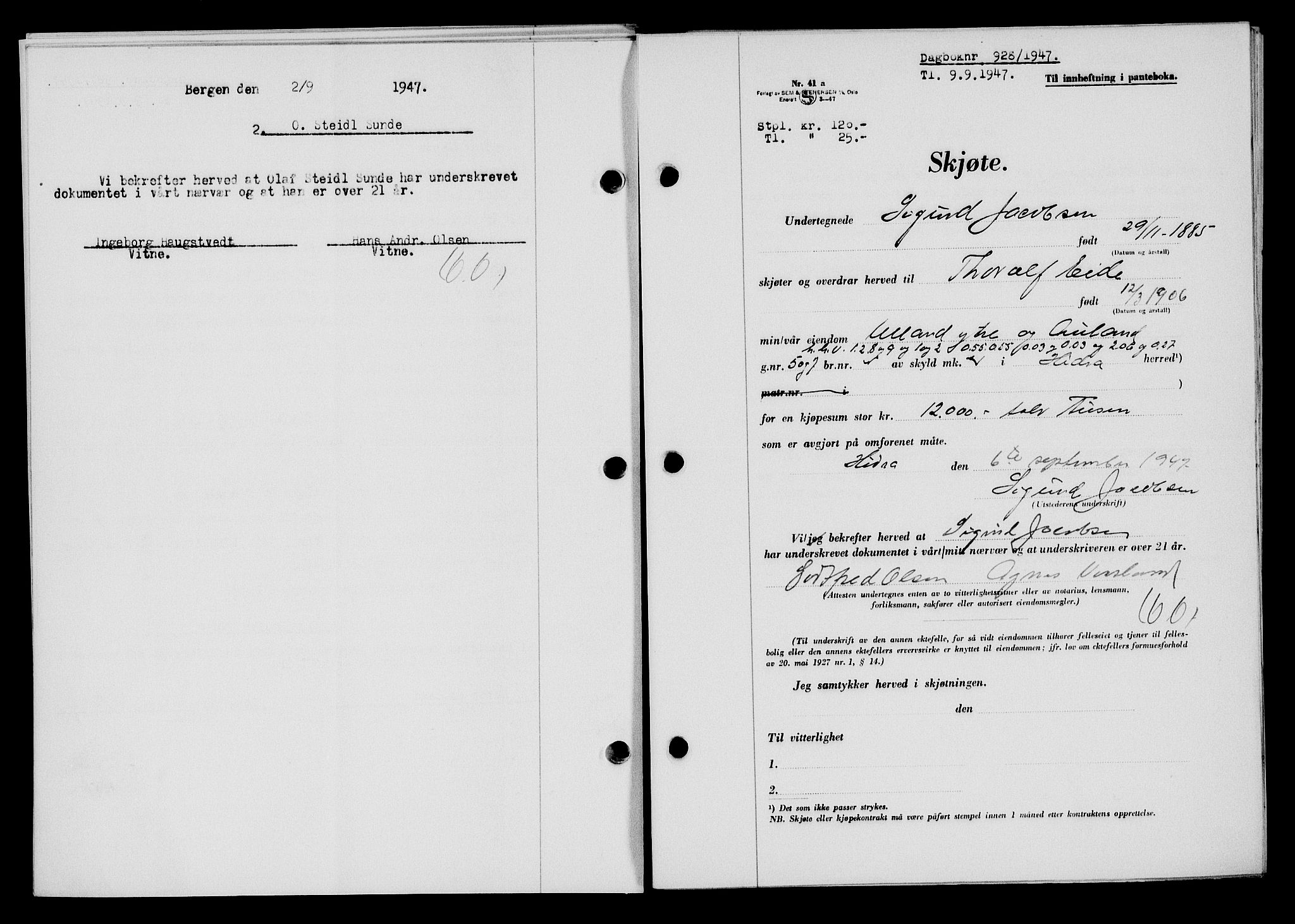 Flekkefjord sorenskriveri, SAK/1221-0001/G/Gb/Gba/L0062: Mortgage book no. A-10, 1947-1947, Diary no: : 928/1947