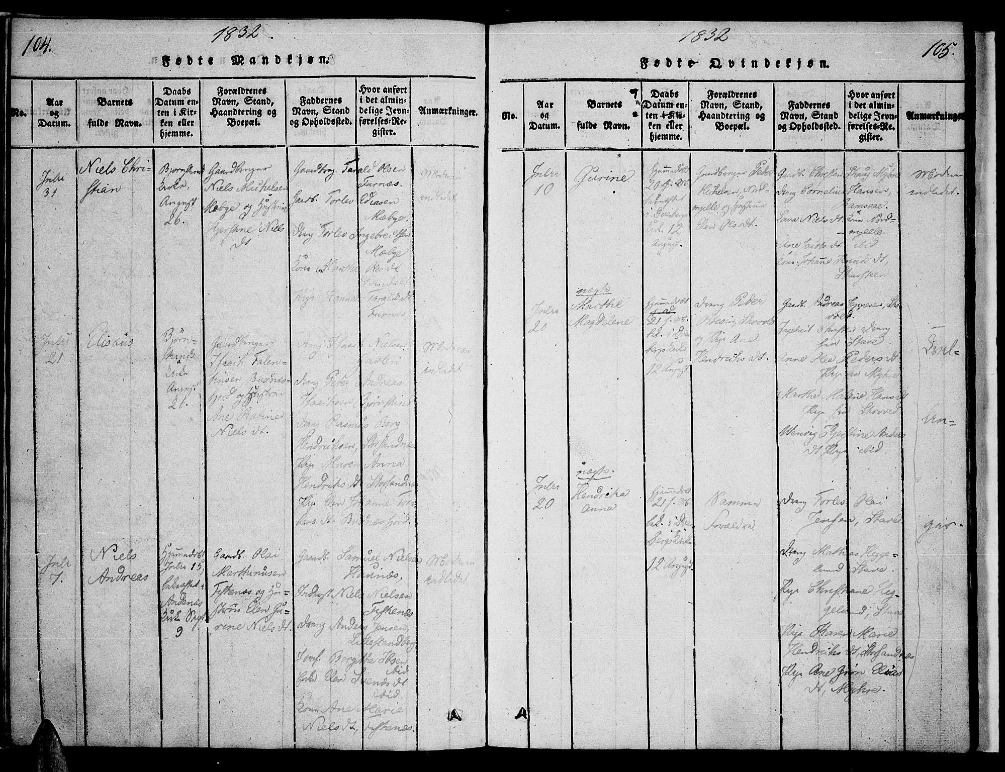 Ministerialprotokoller, klokkerbøker og fødselsregistre - Nordland, AV/SAT-A-1459/897/L1395: Parish register (official) no. 897A03, 1820-1841, p. 104-105