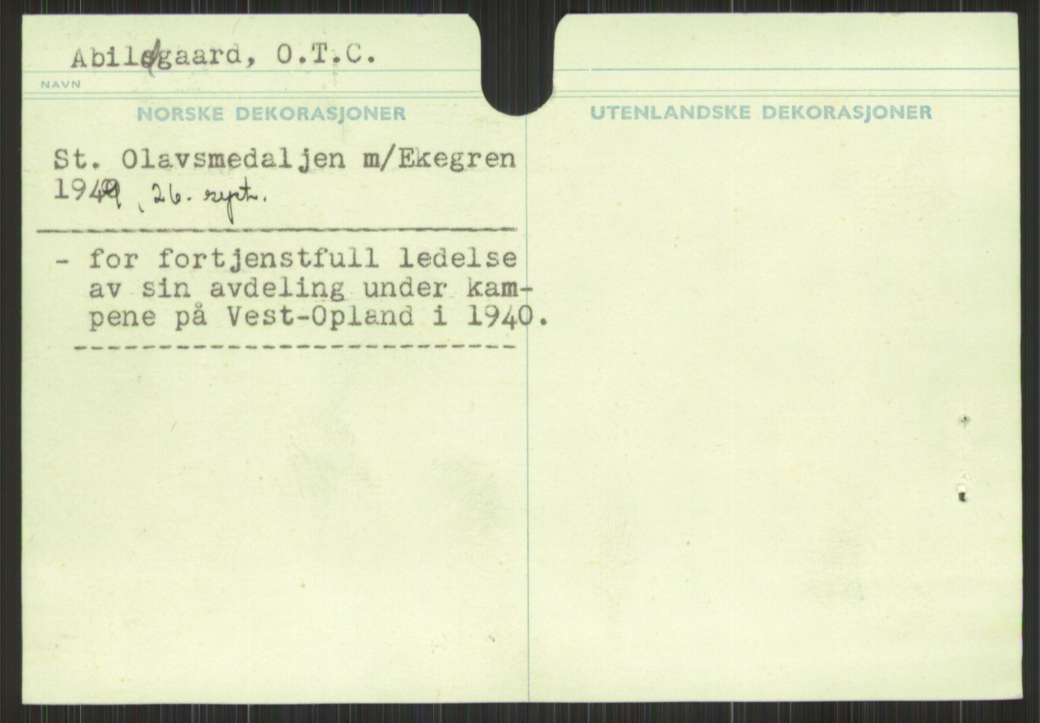 Forsvaret, Krigsdekorasjonskanselliet, RA/RAFA-5156/G/Gb/Gba/Gbaa/L0001: A - R, 1944-1956