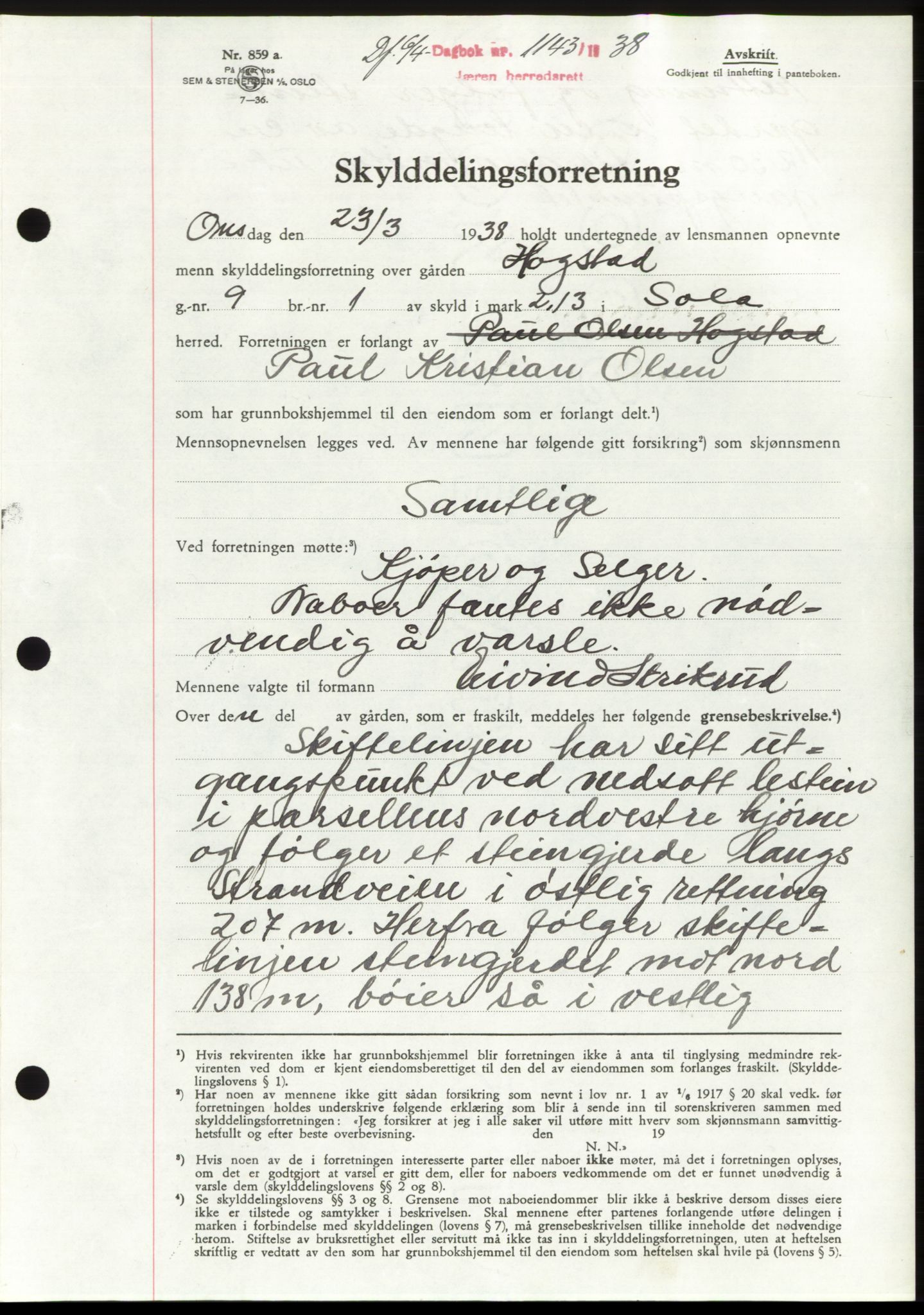 Jæren sorenskriveri, SAST/A-100310/03/G/Gba/L0070: Mortgage book, 1938-1938, Diary no: : 1143/1938