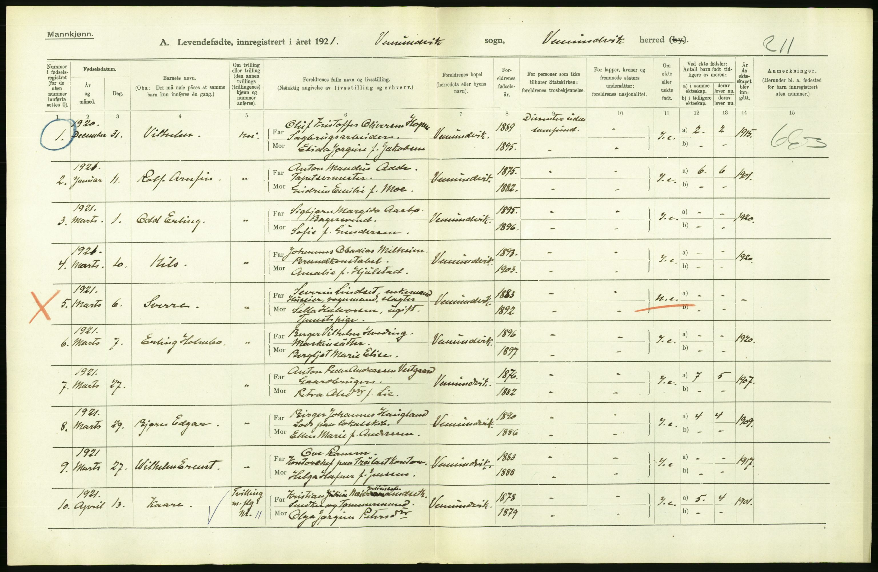 Statistisk sentralbyrå, Sosiodemografiske emner, Befolkning, RA/S-2228/D/Df/Dfc/Dfca/L0047: N. Trøndelag fylke: Levendefødte menn og kvinner. Bygder og byer., 1921, p. 262