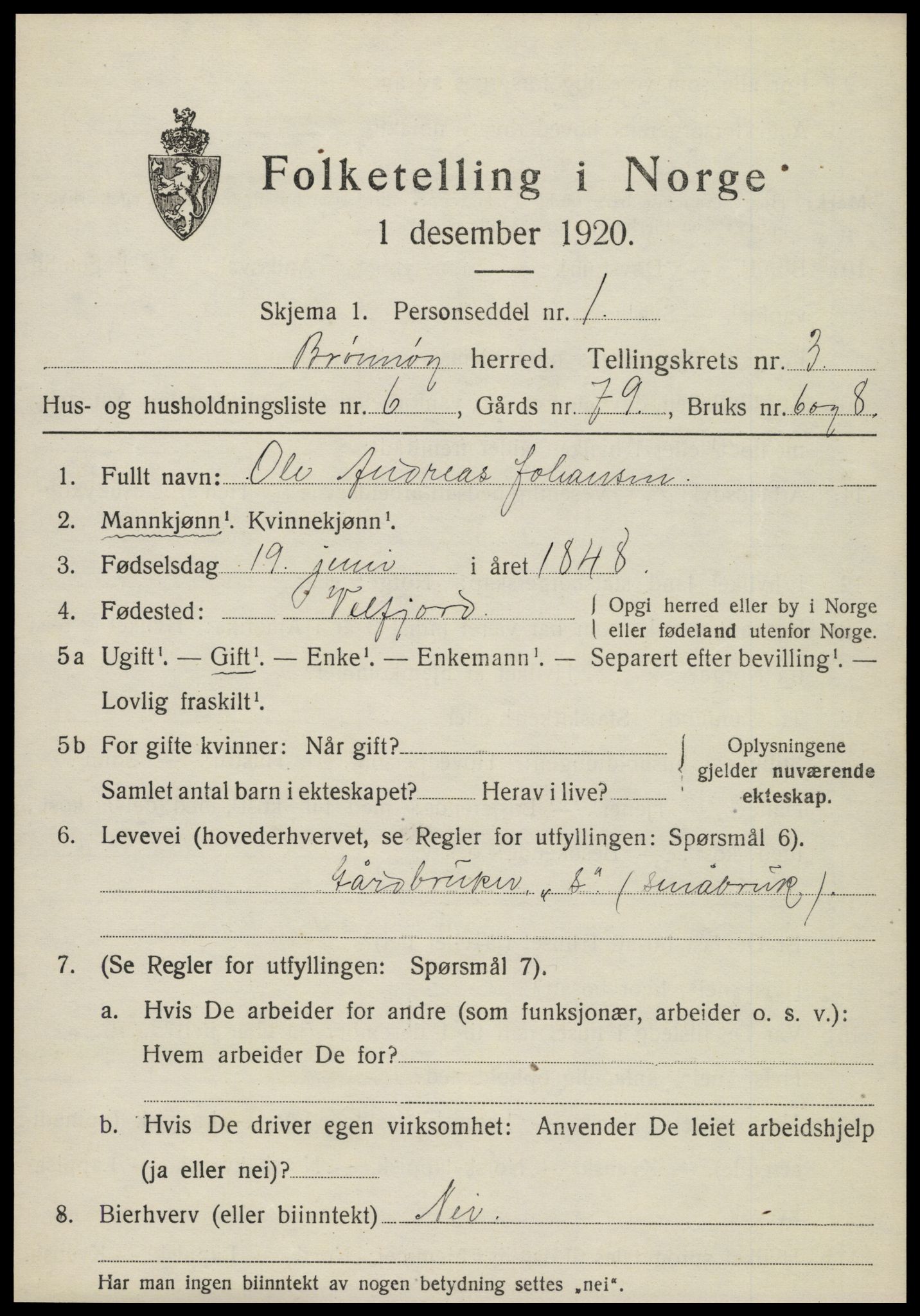 SAT, 1920 census for Brønnøy, 1920, p. 2558