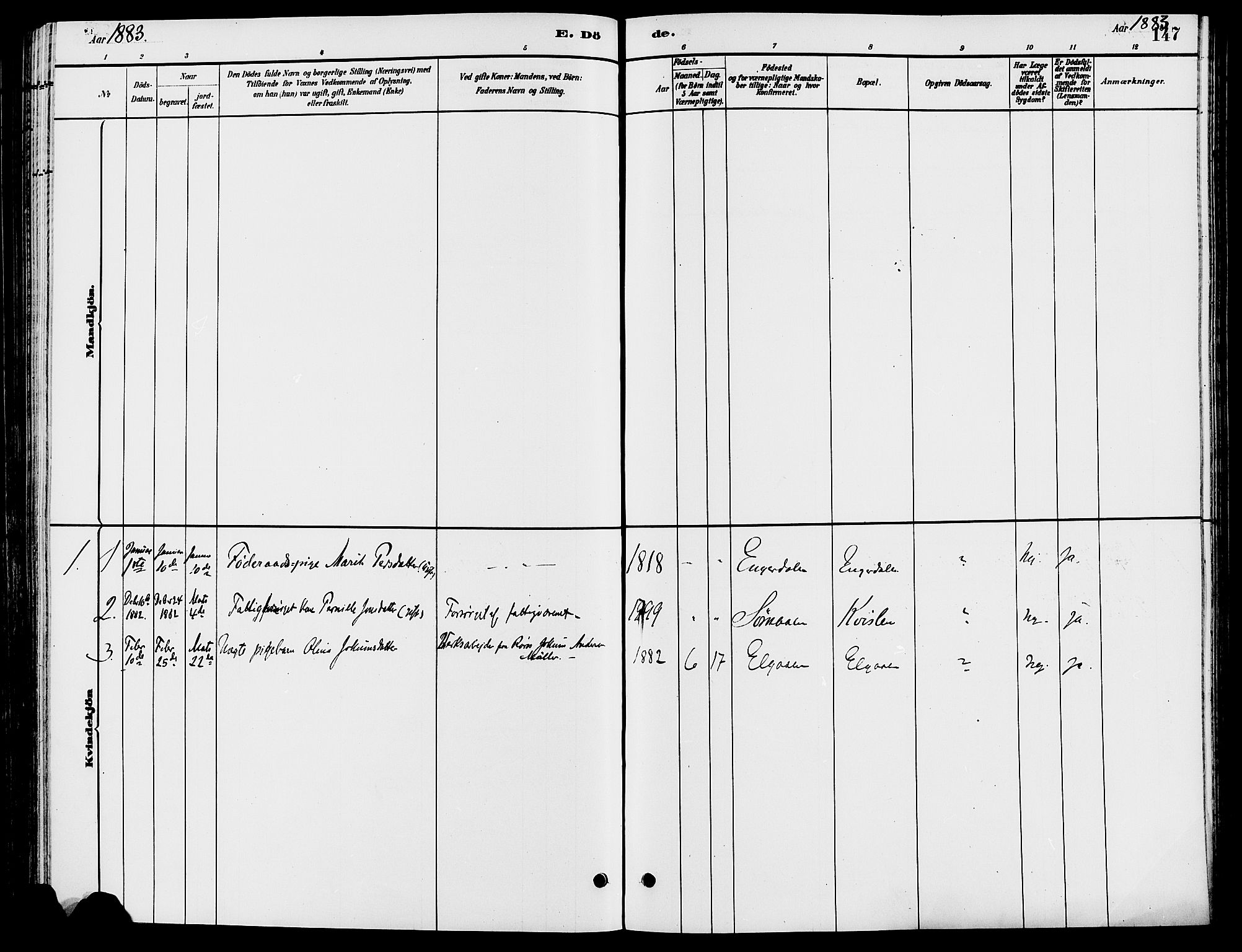 Engerdal prestekontor, SAH/PREST-048/H/Ha/Haa/L0001: Parish register (official) no. 1, 1881-1898, p. 147