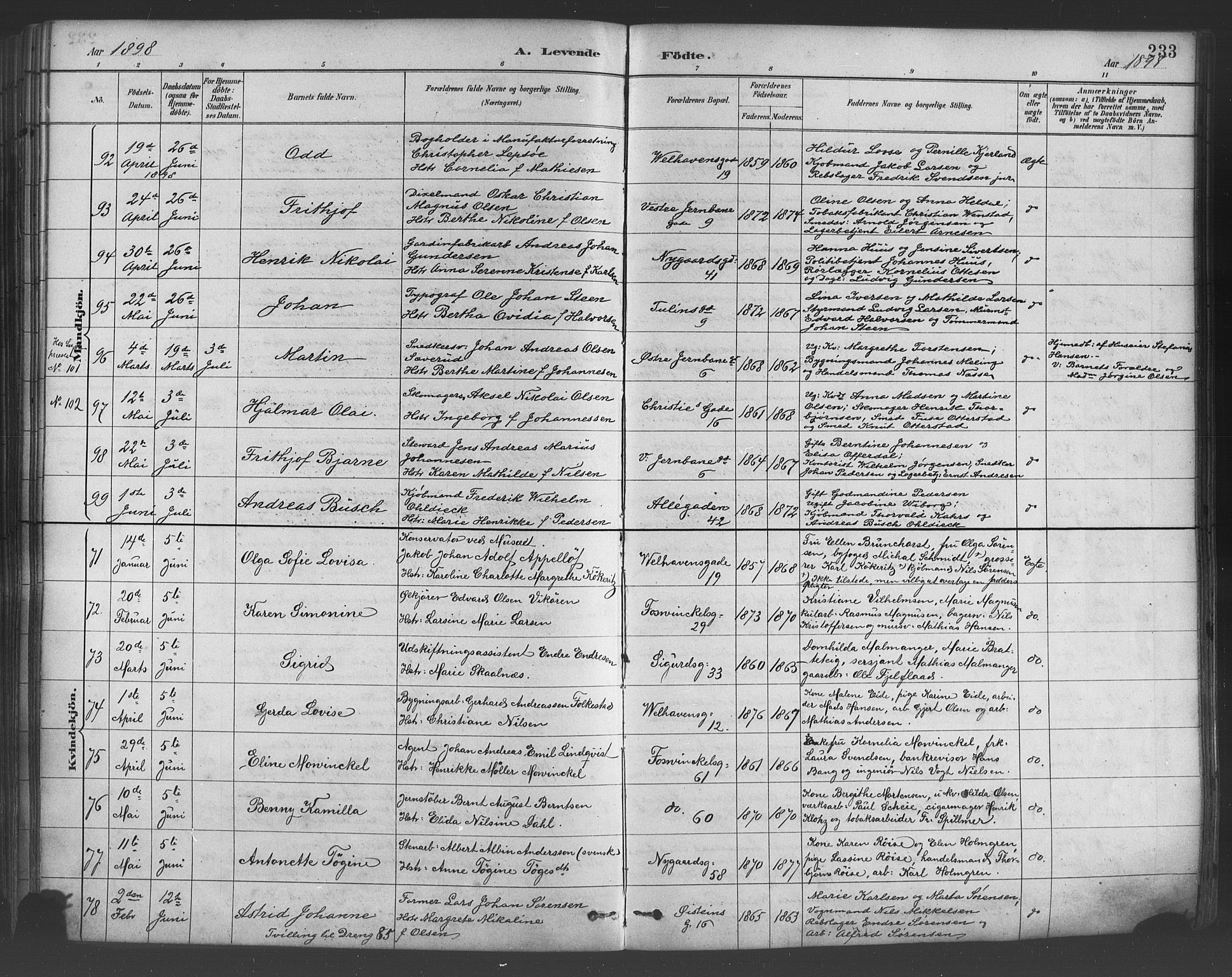 Johanneskirken sokneprestembete, AV/SAB-A-76001/H/Hab: Parish register (copy) no. A 1, 1885-1900, p. 233