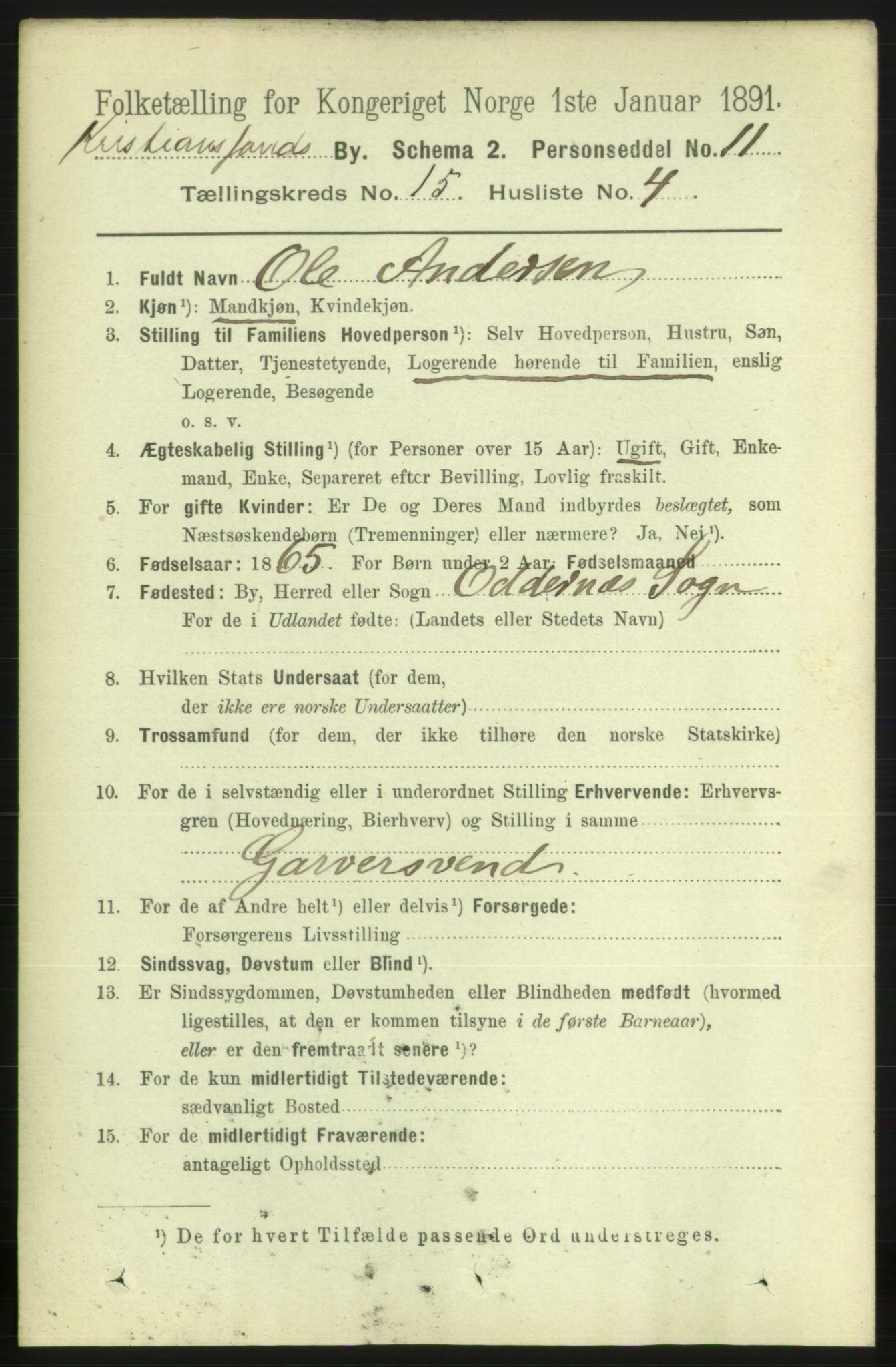 RA, 1891 census for 1001 Kristiansand, 1891, p. 6343