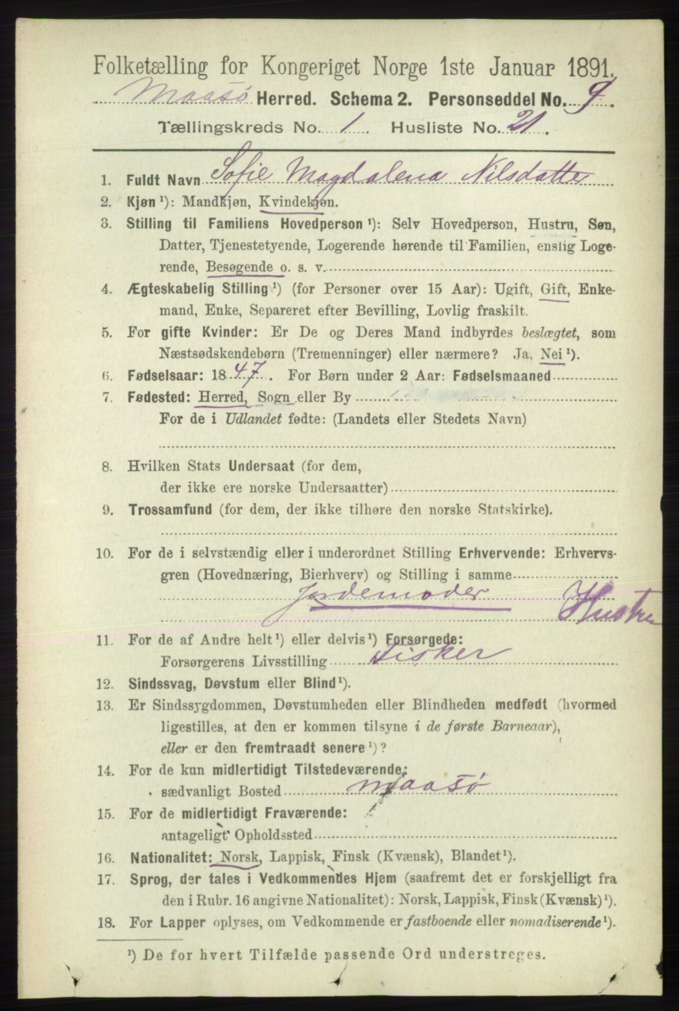 RA, 1891 census for 2018 Måsøy, 1891, p. 172