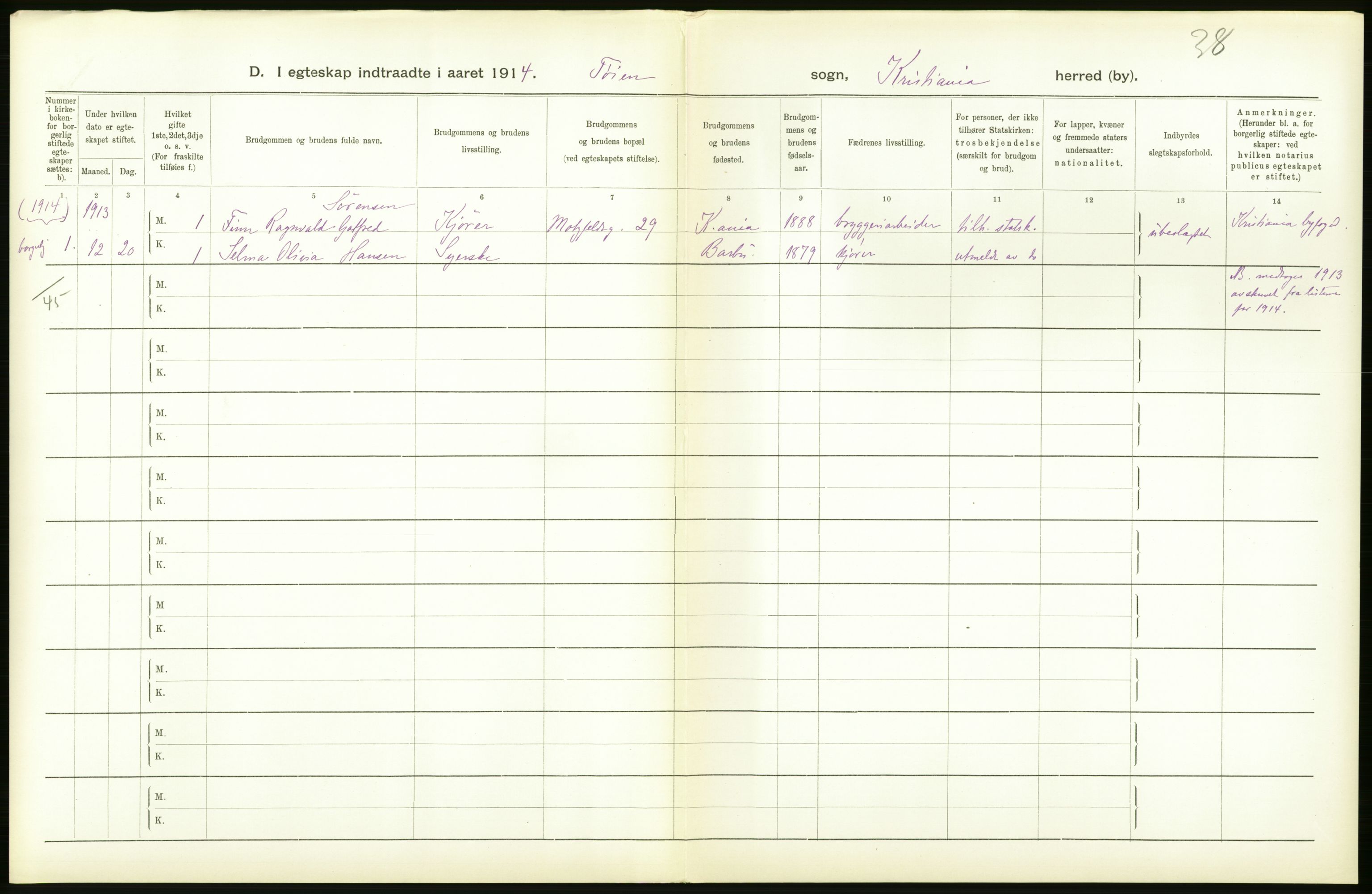 Statistisk sentralbyrå, Sosiodemografiske emner, Befolkning, RA/S-2228/D/Df/Dfb/Dfbc/L0008: Kristiania: Gifte., 1913, p. 130