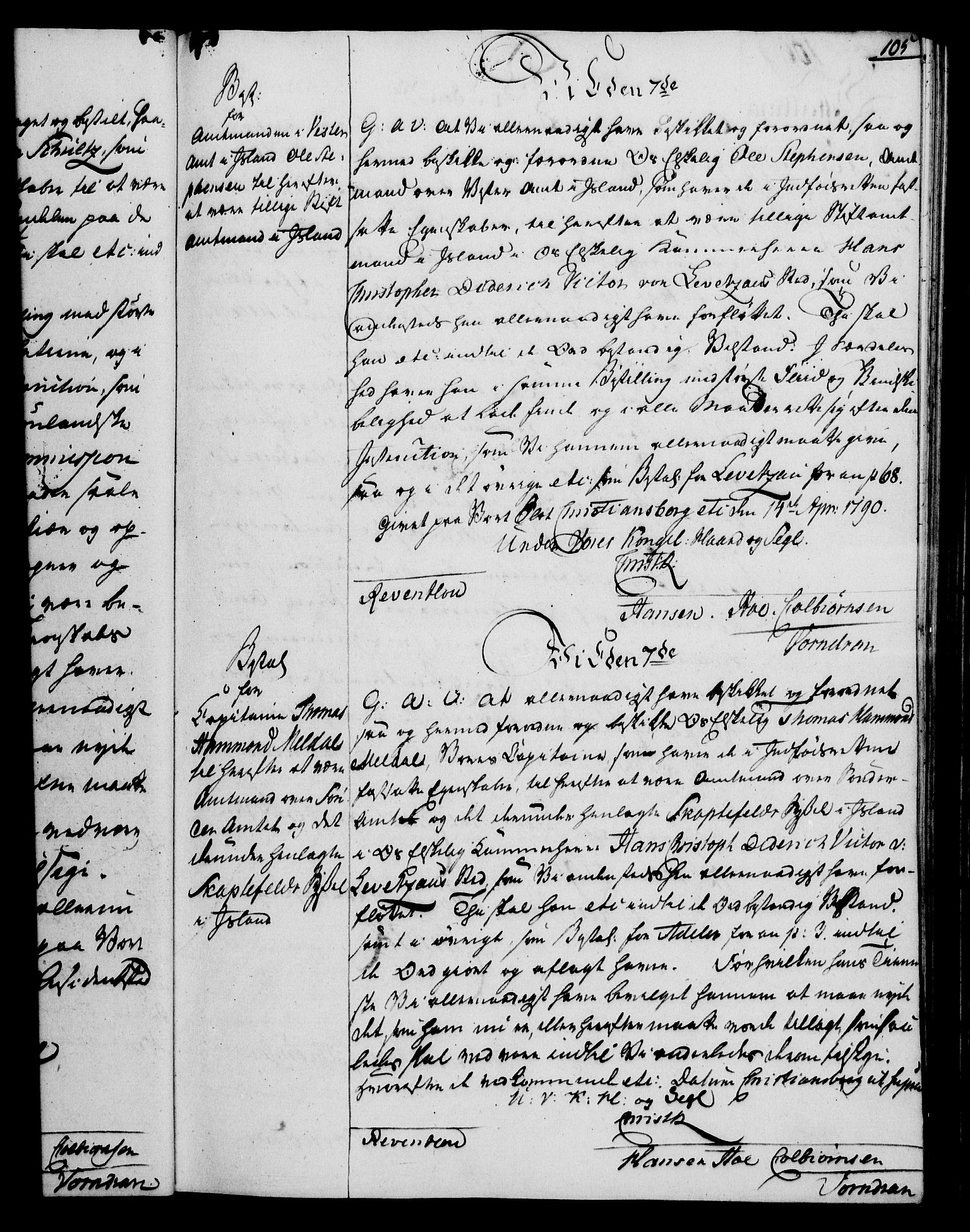 Rentekammeret, Kammerkanselliet, RA/EA-3111/G/Gg/Gge/L0006: Norsk bestallingsprotokoll med register (merket RK 53.30), 1773-1814, p. 105
