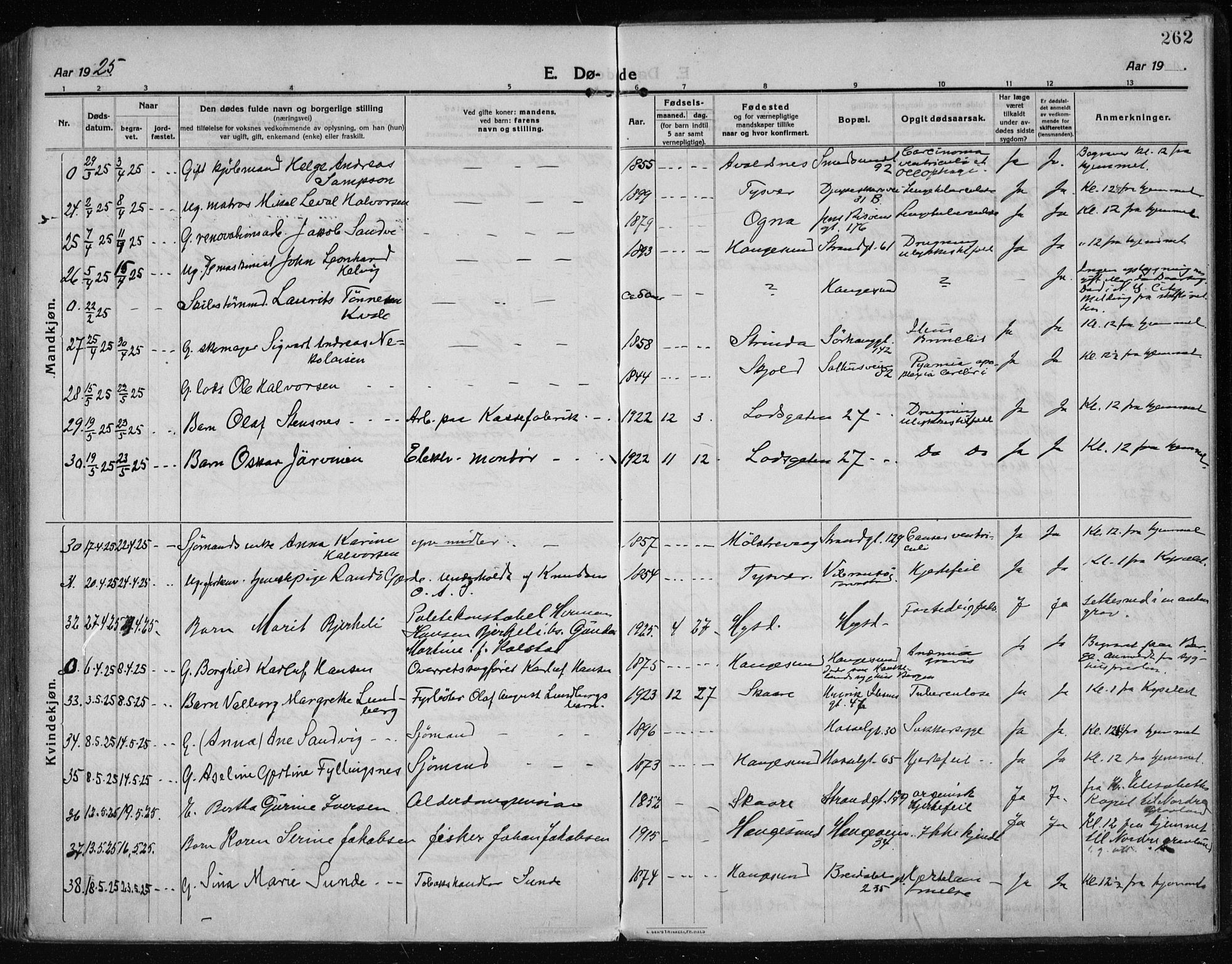 Haugesund sokneprestkontor, AV/SAST-A -101863/H/Ha/Haa/L0009: Parish register (official) no. A 9, 1914-1929, p. 262