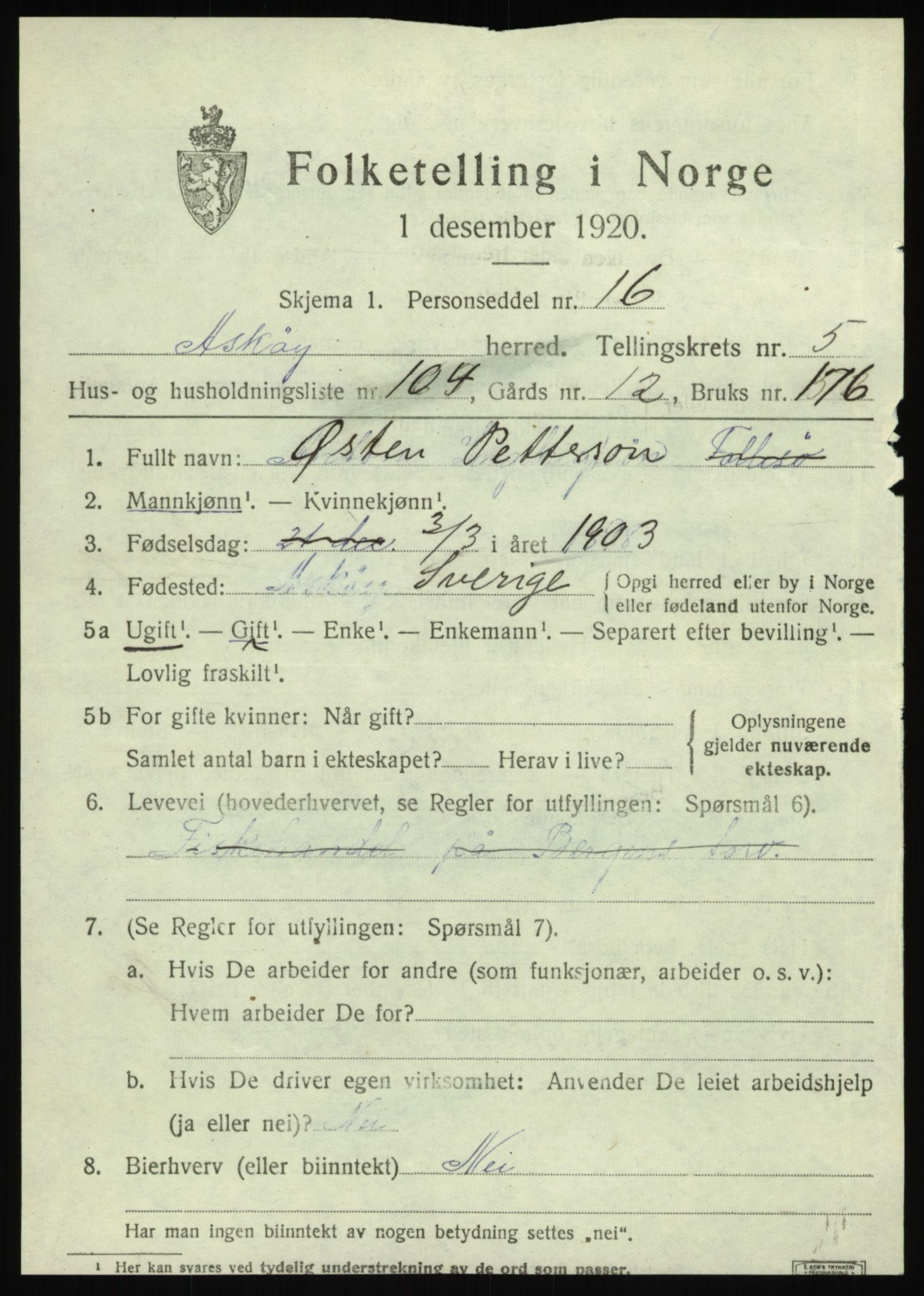 SAB, 1920 census for Askøy, 1920, p. 10104