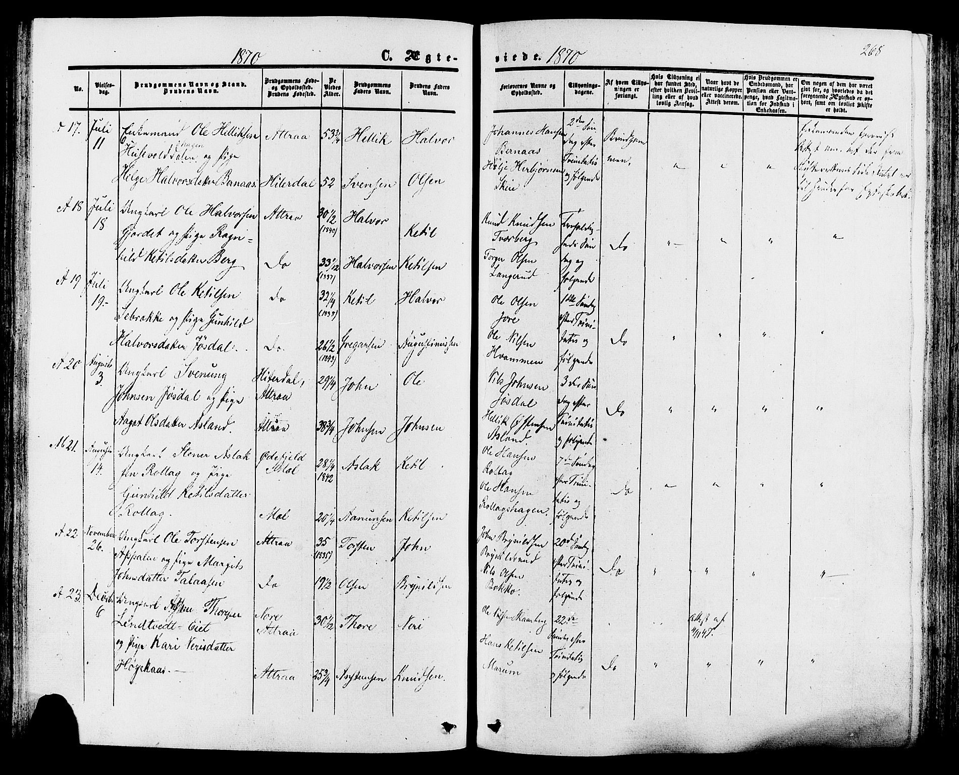 Tinn kirkebøker, SAKO/A-308/F/Fa/L0006: Parish register (official) no. I 6, 1857-1878, p. 268