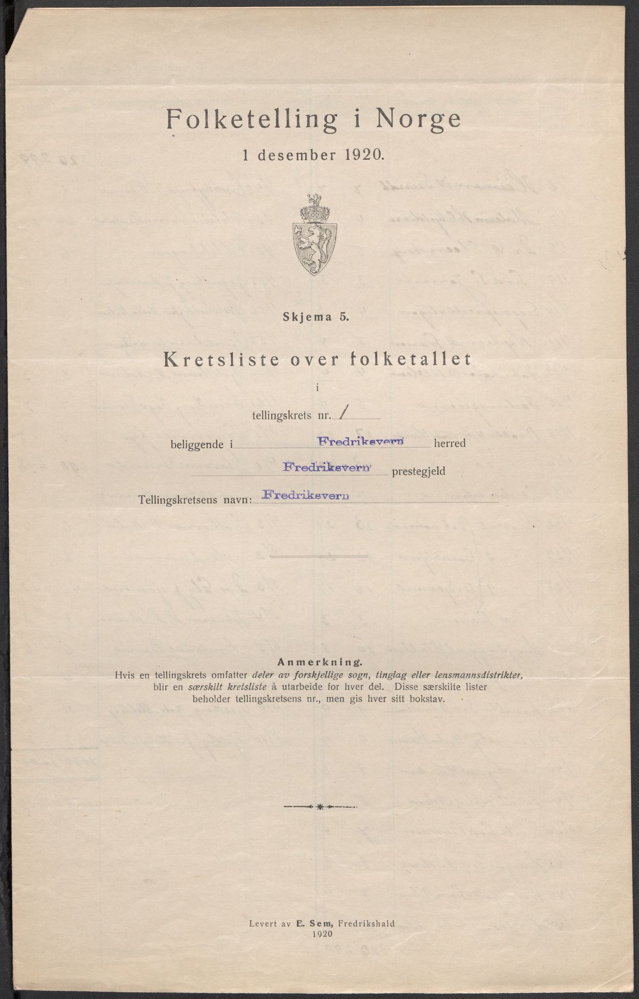 SAKO, 1920 census for Fredriksvern, 1920, p. 5