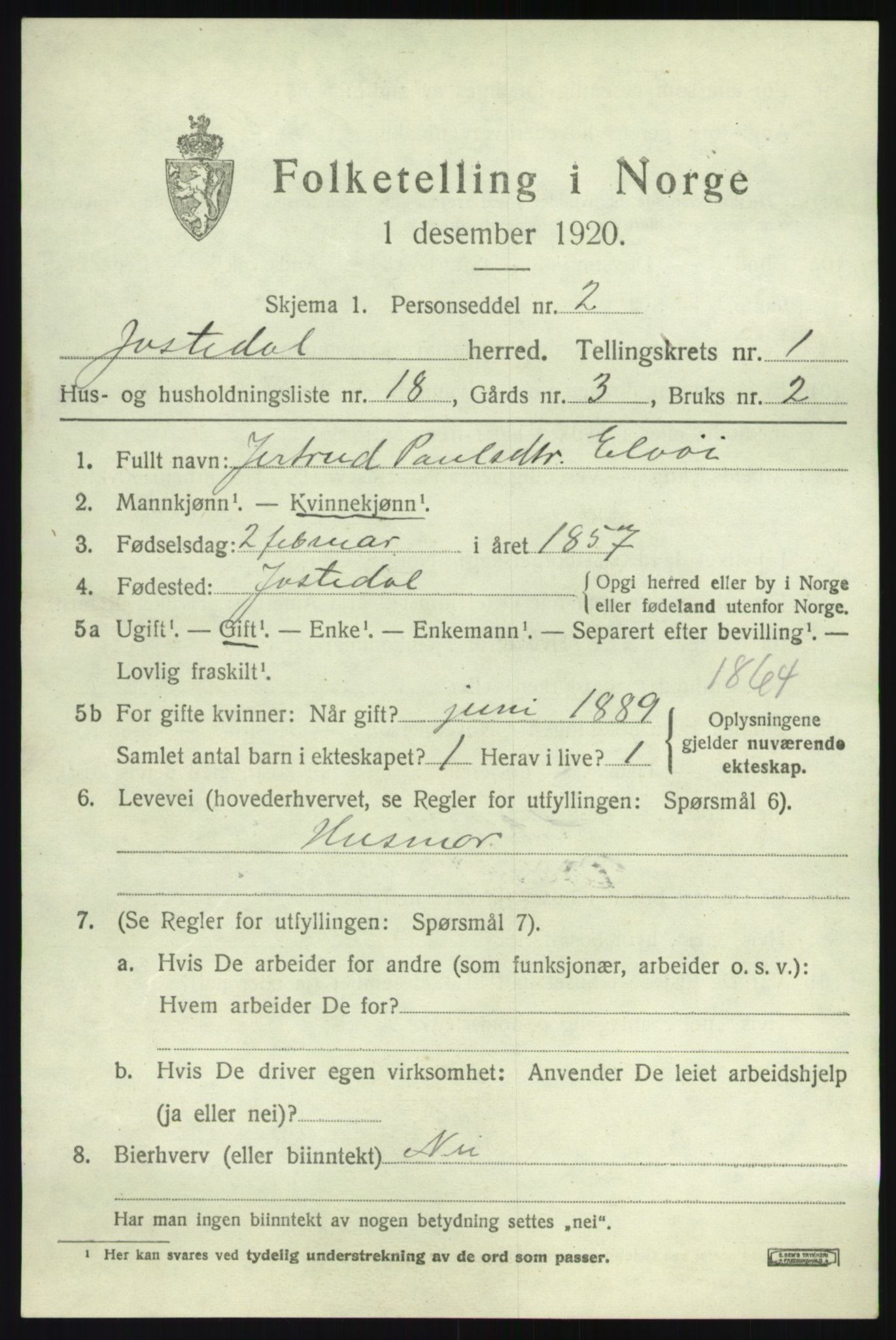 SAB, 1920 census for Jostedal, 1920, p. 560