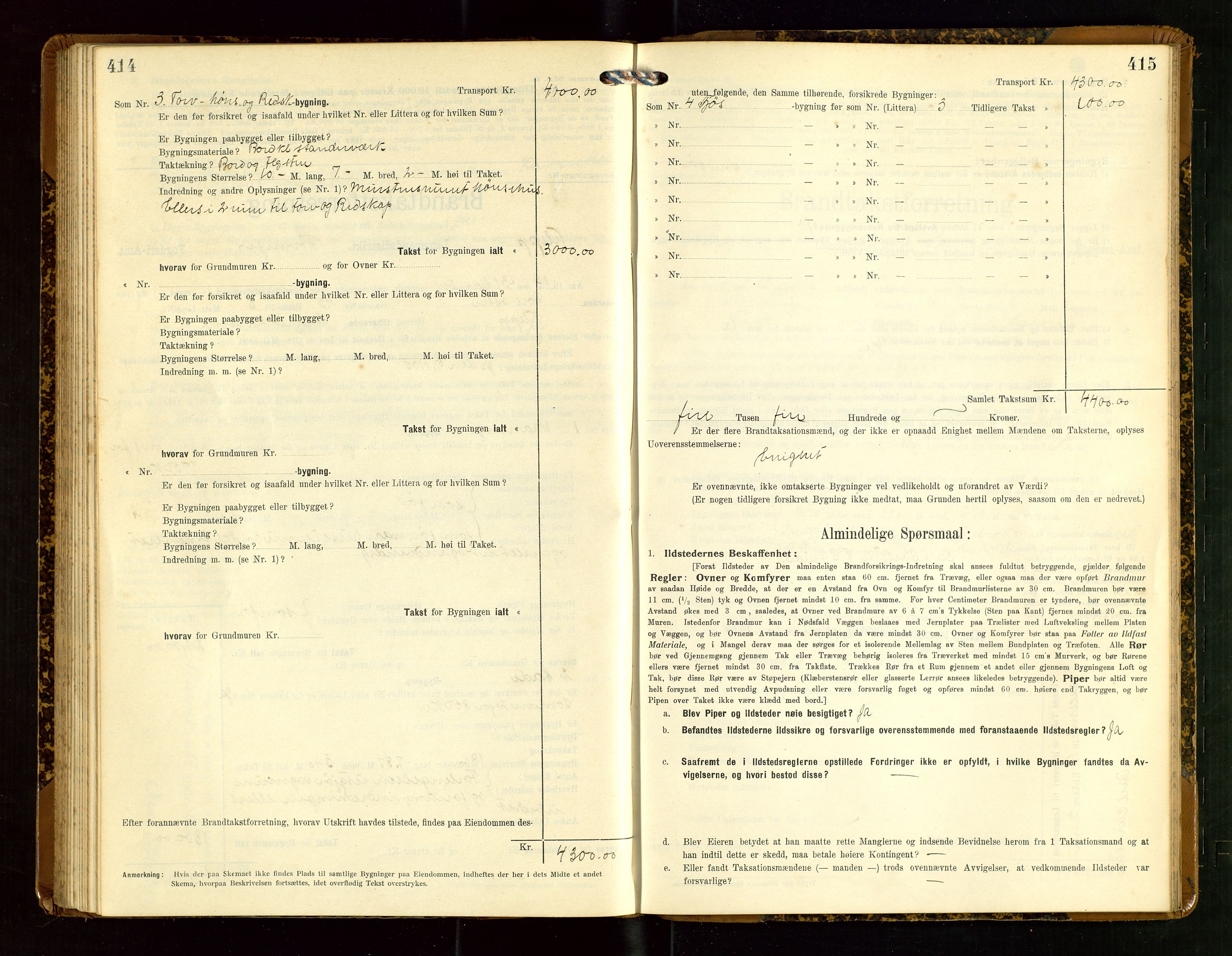 Klepp lensmannskontor, AV/SAST-A-100163/Goc/L0007: "Brandtaxationsprotokol" m/register, 1911-1915, p. 414-415