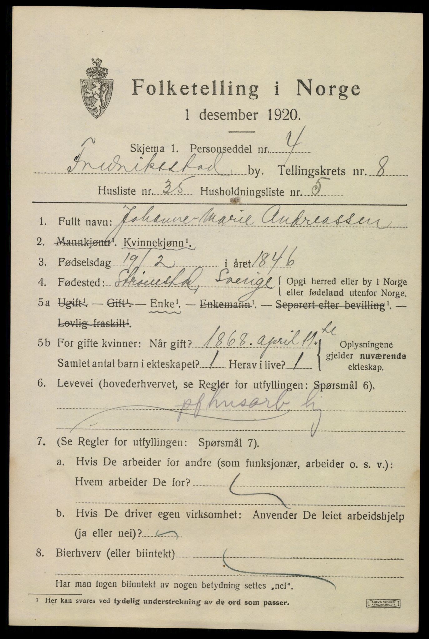 SAO, 1920 census for Fredrikstad, 1920, p. 24169