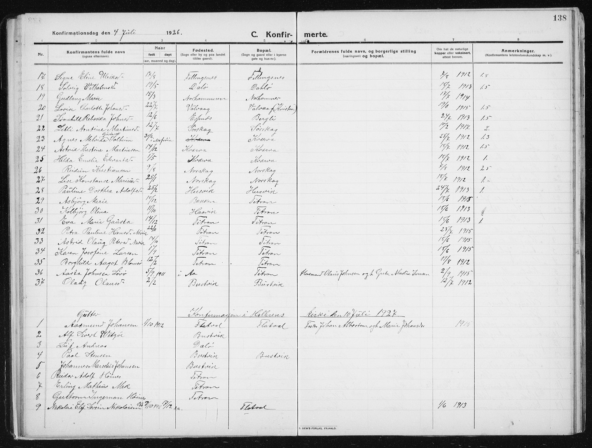 Ministerialprotokoller, klokkerbøker og fødselsregistre - Sør-Trøndelag, SAT/A-1456/641/L0599: Parish register (copy) no. 641C03, 1910-1938, p. 138