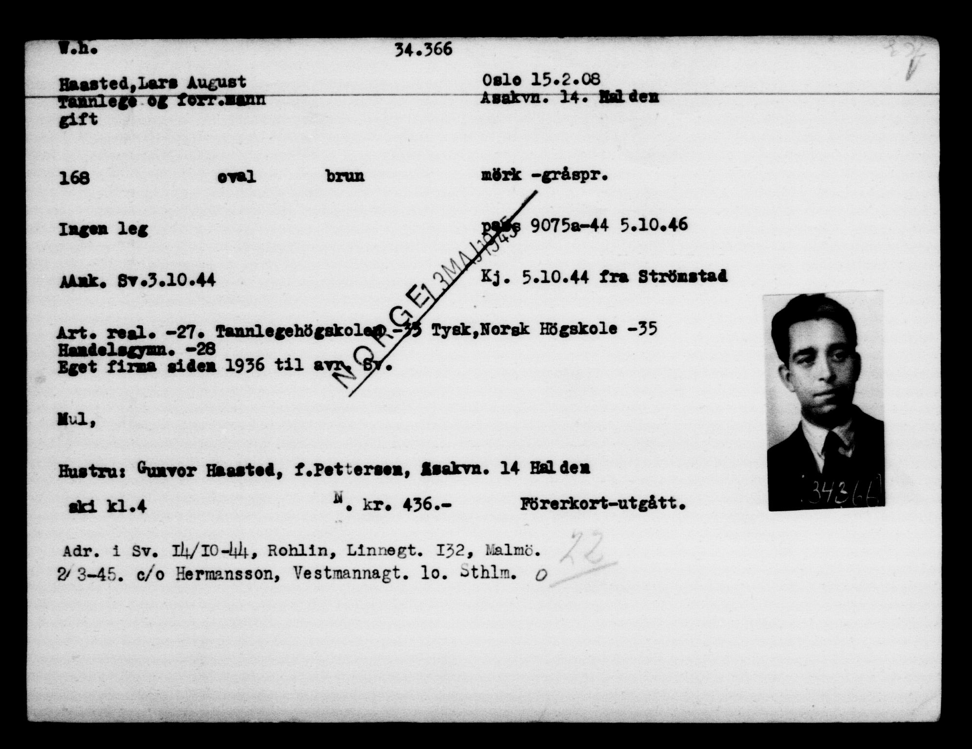 Utenriksstasjonene, Legasjonen i Stockholm, Flyktningkontoret, AV/RA-S-6753/V/Va/L0013: Kjesäterkartoteket, flyktninger med registreringsnr. 31500-34731, 1940-1945, p. 3019
