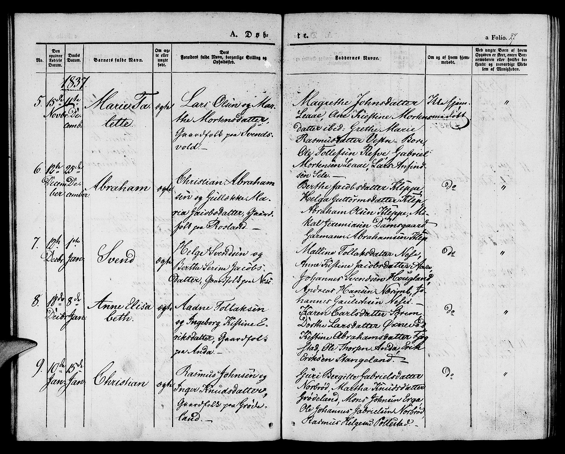Klepp sokneprestkontor, SAST/A-101803/001/3/30BA/L0003: Parish register (official) no. A 3, 1833-1842, p. 27
