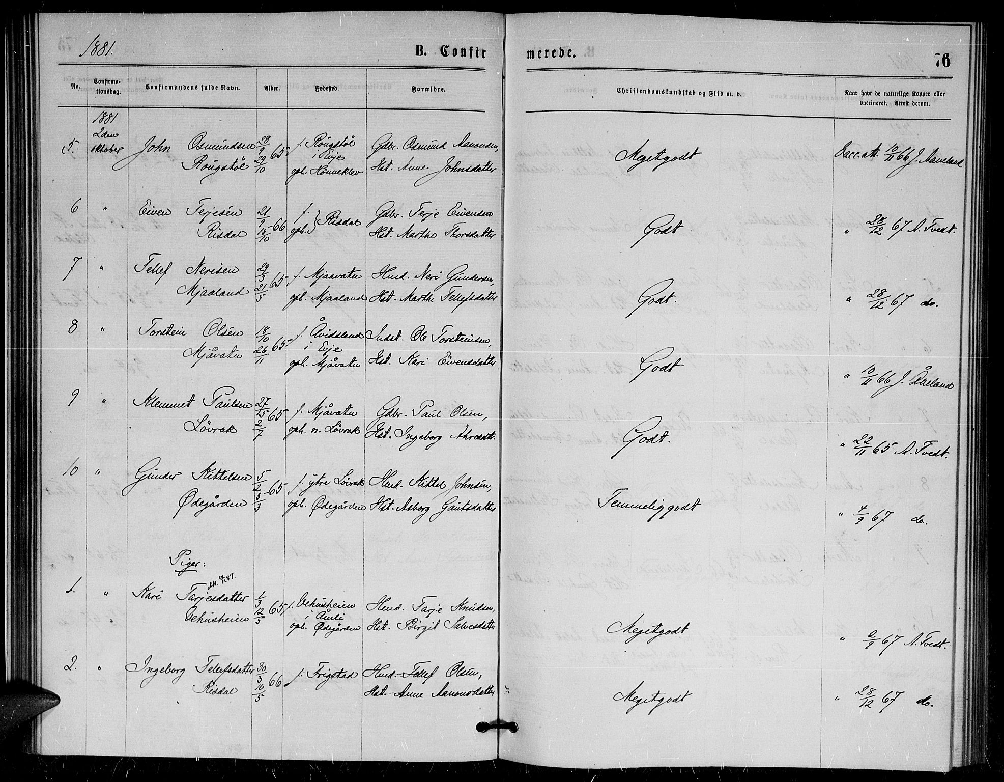 Herefoss sokneprestkontor, AV/SAK-1111-0019/F/Fa/Fac/L0001: Parish register (official) no. A 1, 1871-1886, p. 76