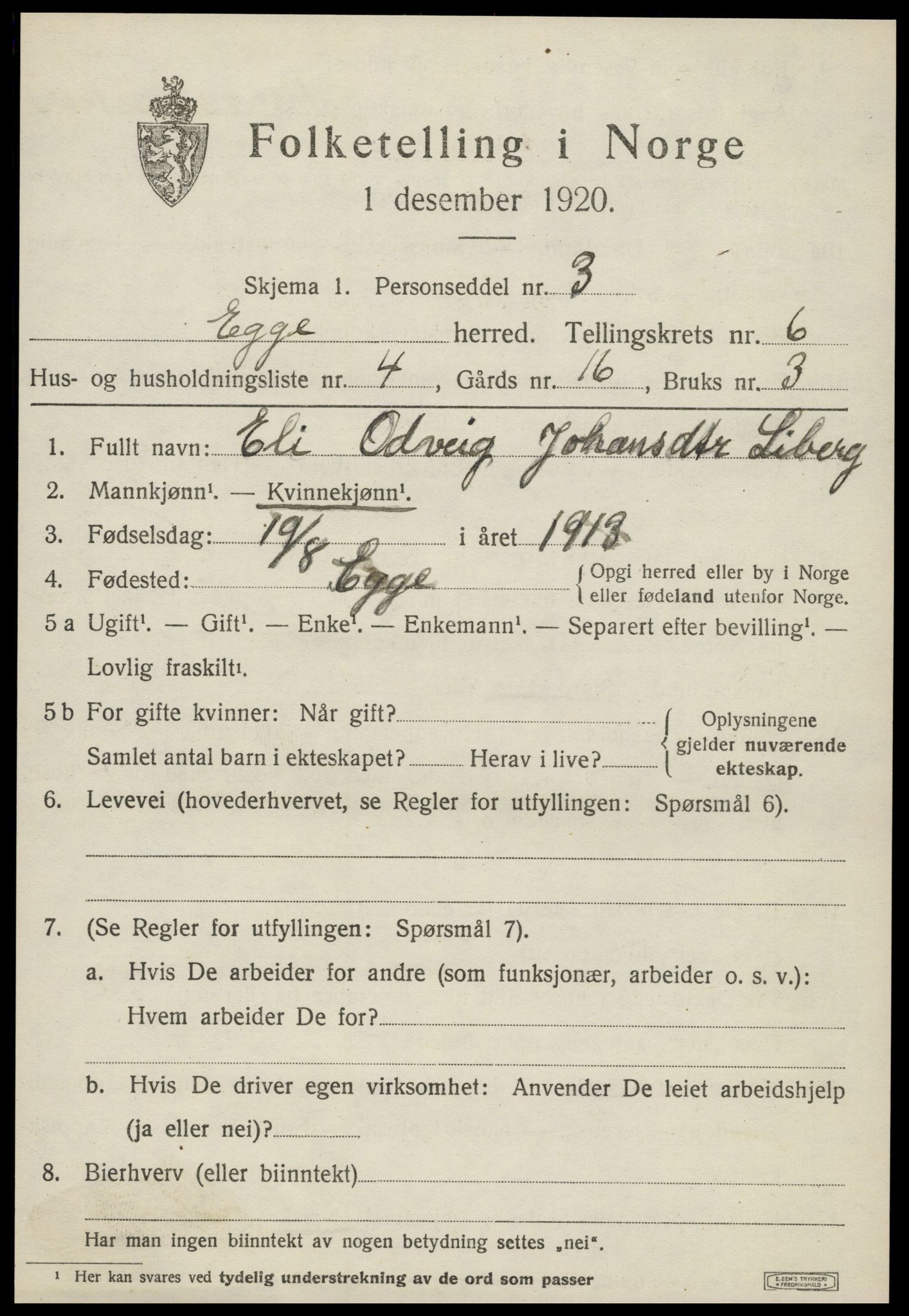 SAT, 1920 census for Egge, 1920, p. 3866