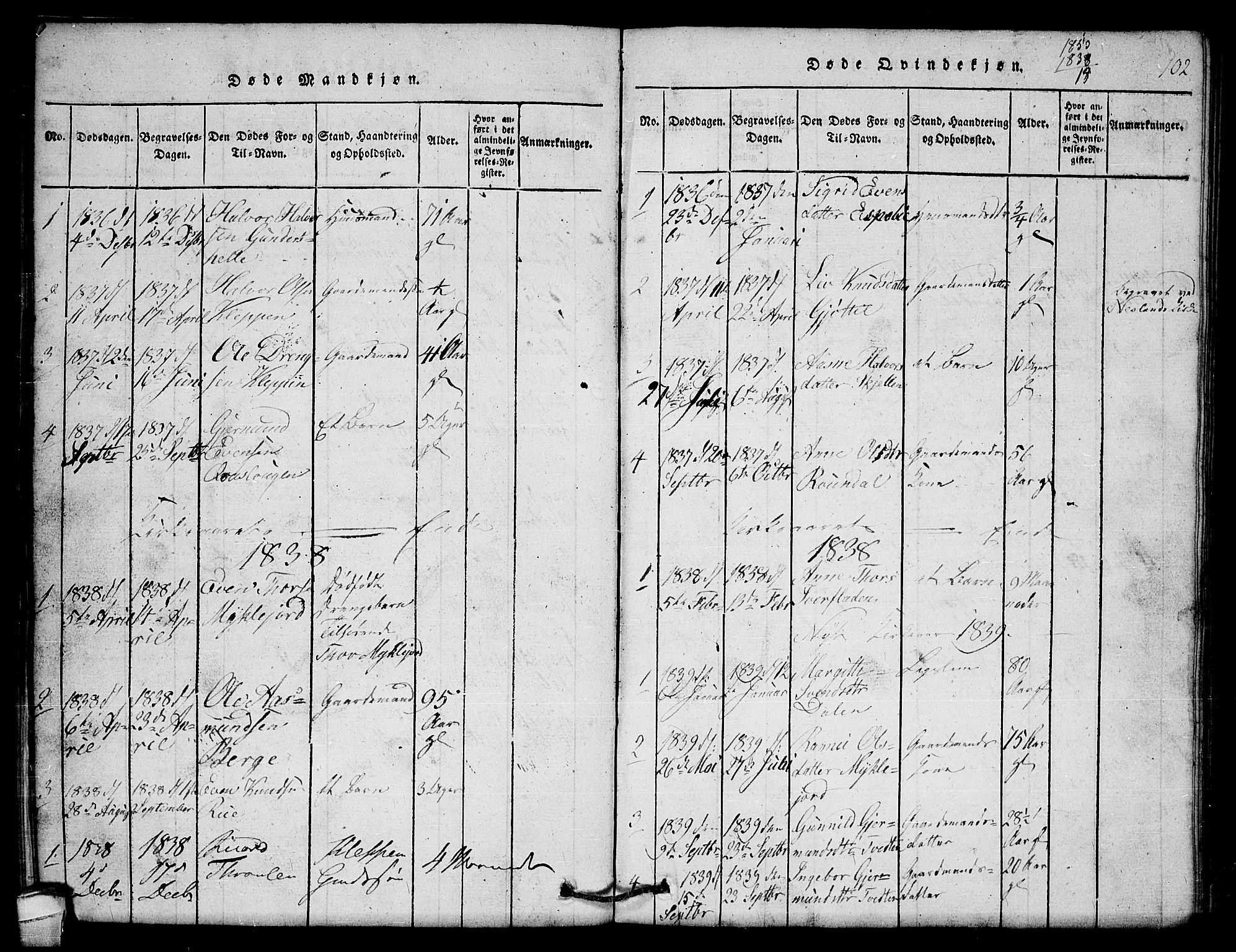 Lårdal kirkebøker, SAKO/A-284/G/Gb/L0001: Parish register (copy) no. II 1, 1815-1865, p. 102