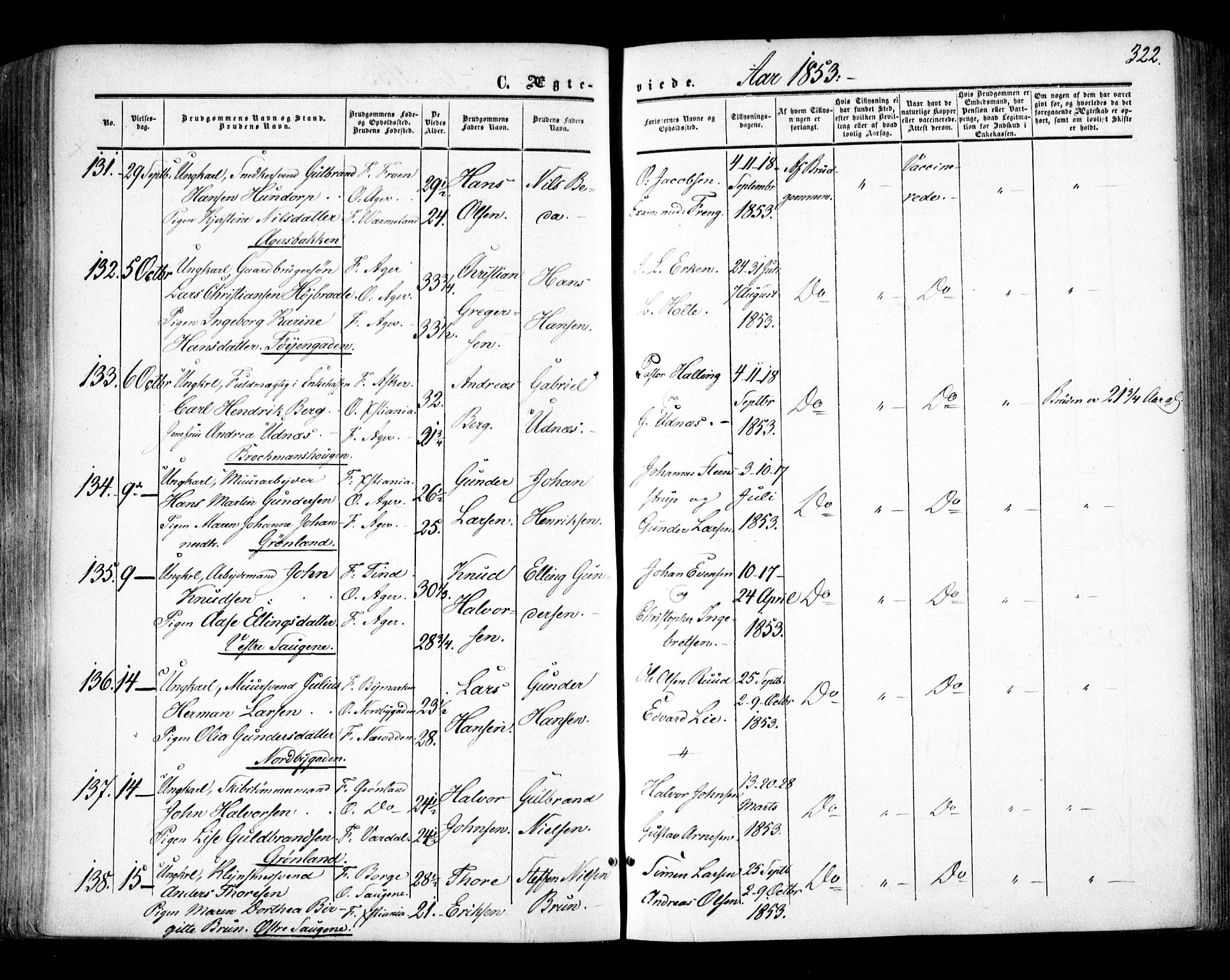 Aker prestekontor kirkebøker, SAO/A-10861/F/L0020: Parish register (official) no. 20, 1853-1857, p. 322
