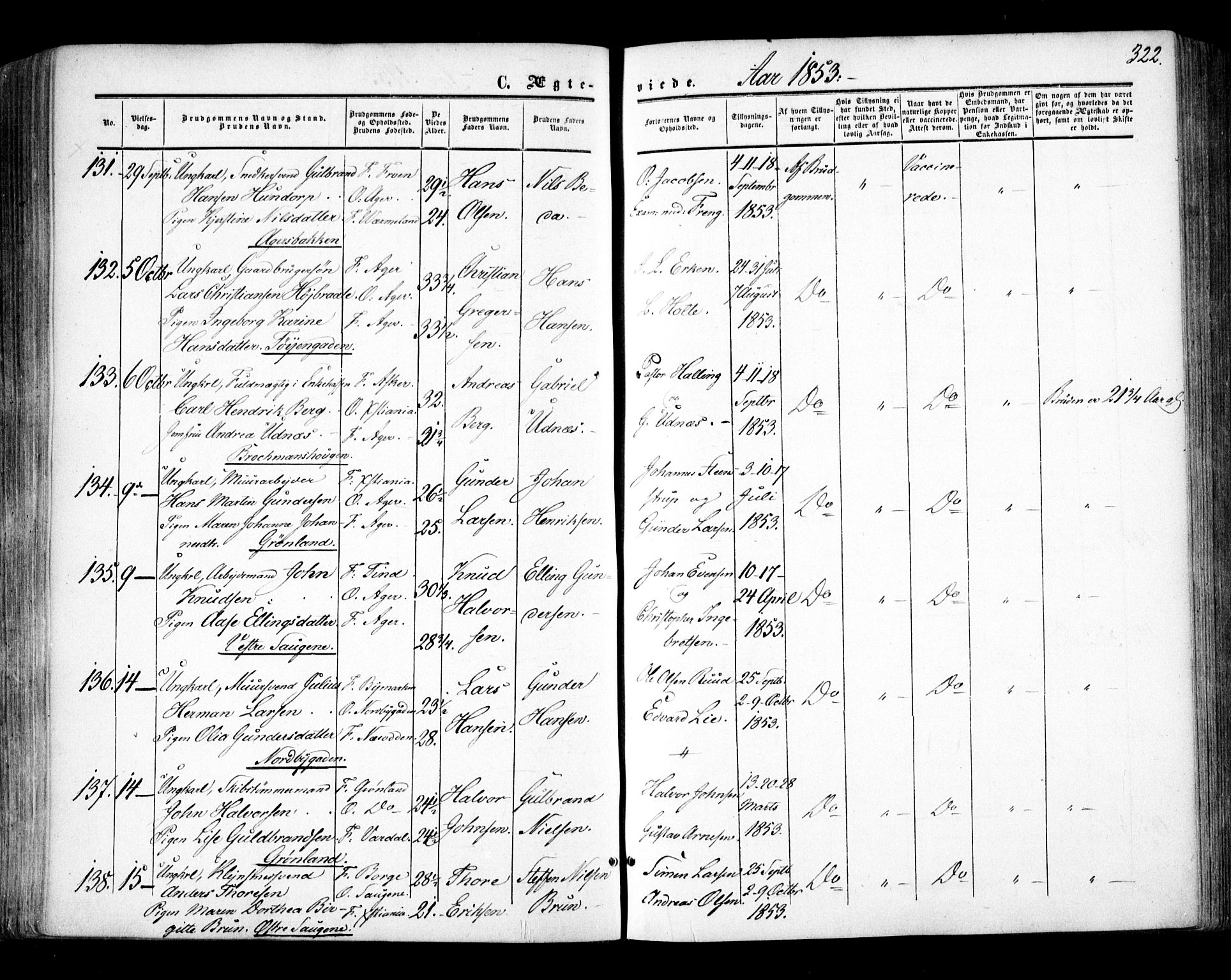 Aker prestekontor kirkebøker, AV/SAO-A-10861/F/L0020: Parish register (official) no. 20, 1853-1857, p. 322