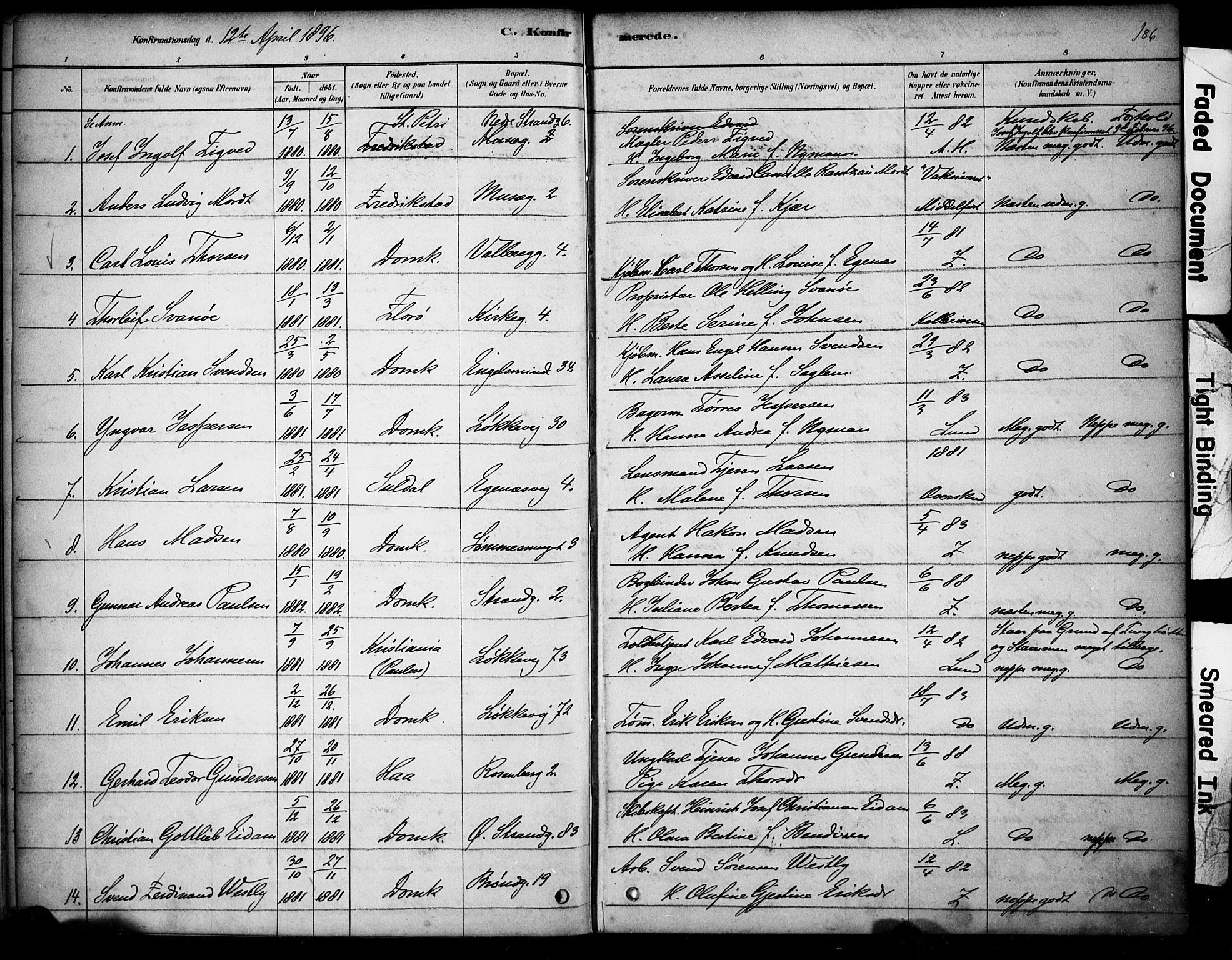Domkirken sokneprestkontor, SAST/A-101812/001/30/30BA/L0028: Parish register (official) no. A 27, 1878-1896, p. 186