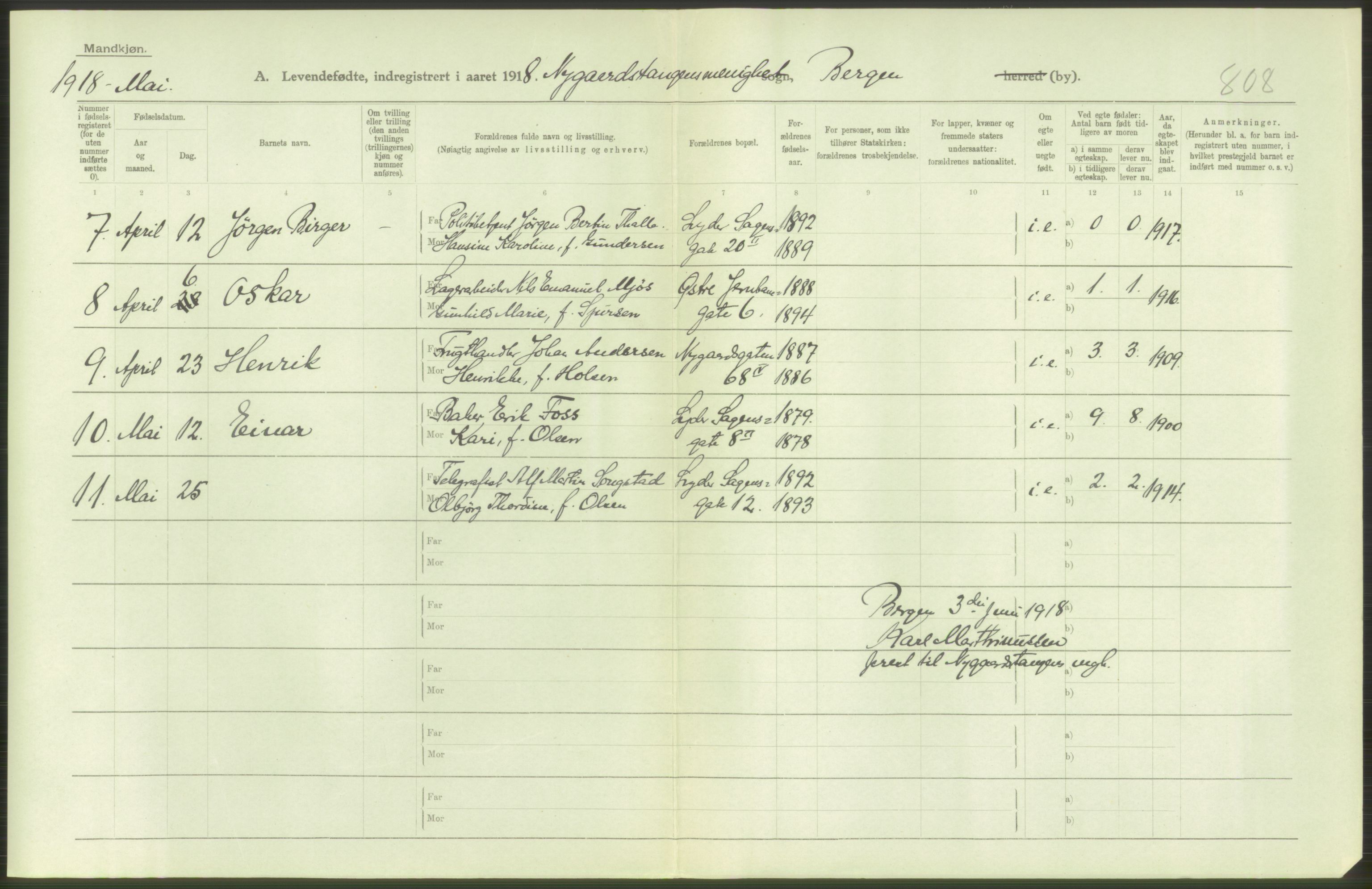 Statistisk sentralbyrå, Sosiodemografiske emner, Befolkning, AV/RA-S-2228/D/Df/Dfb/Dfbh/L0037: Bergen: Levendefødte menn og kvinner., 1918, p. 8