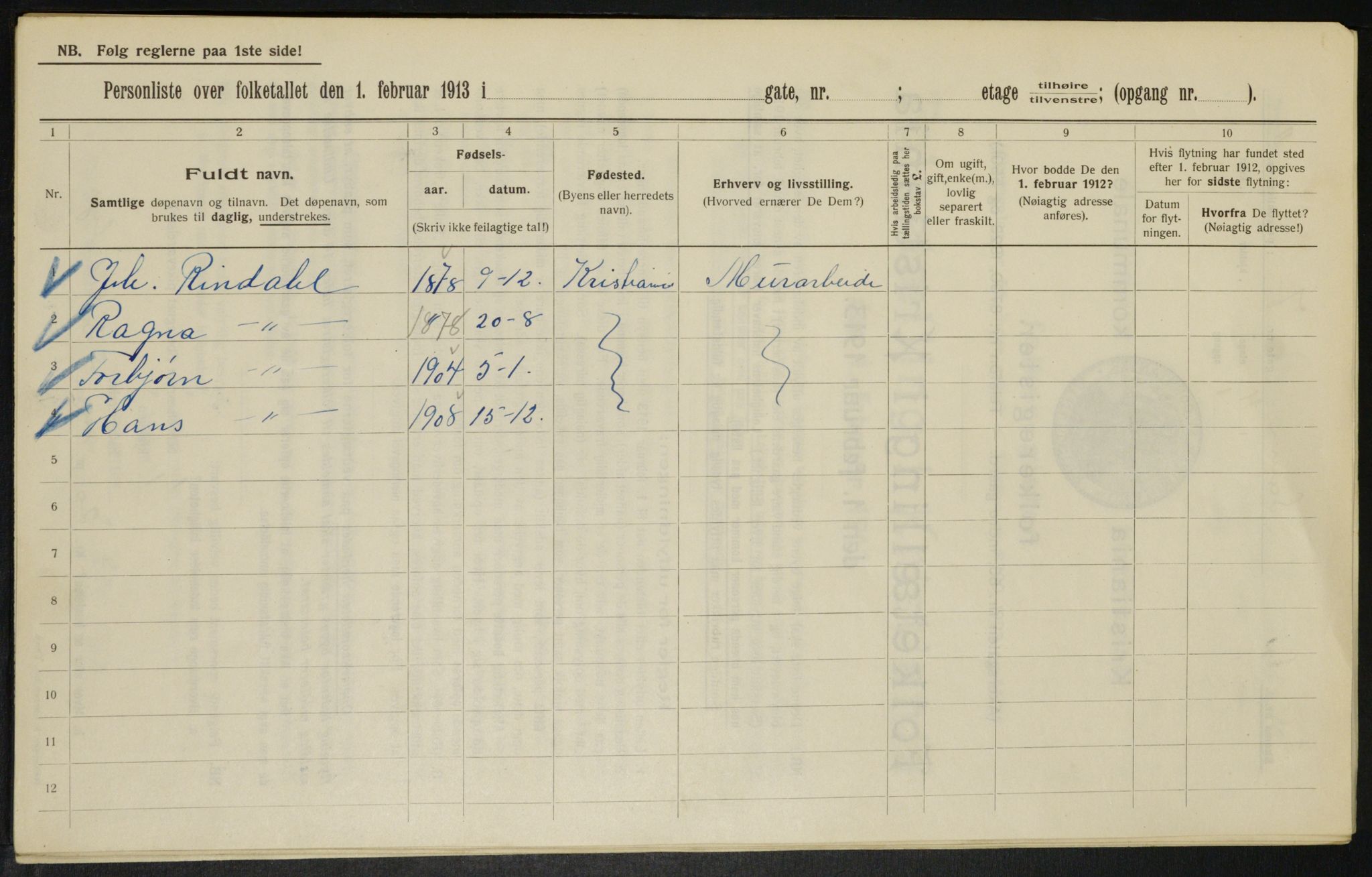 OBA, Municipal Census 1913 for Kristiania, 1913, p. 88494