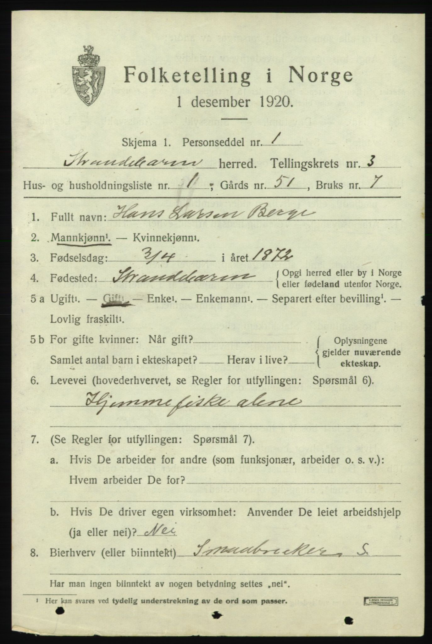 SAB, 1920 census for Strandebarm, 1920, p. 2616
