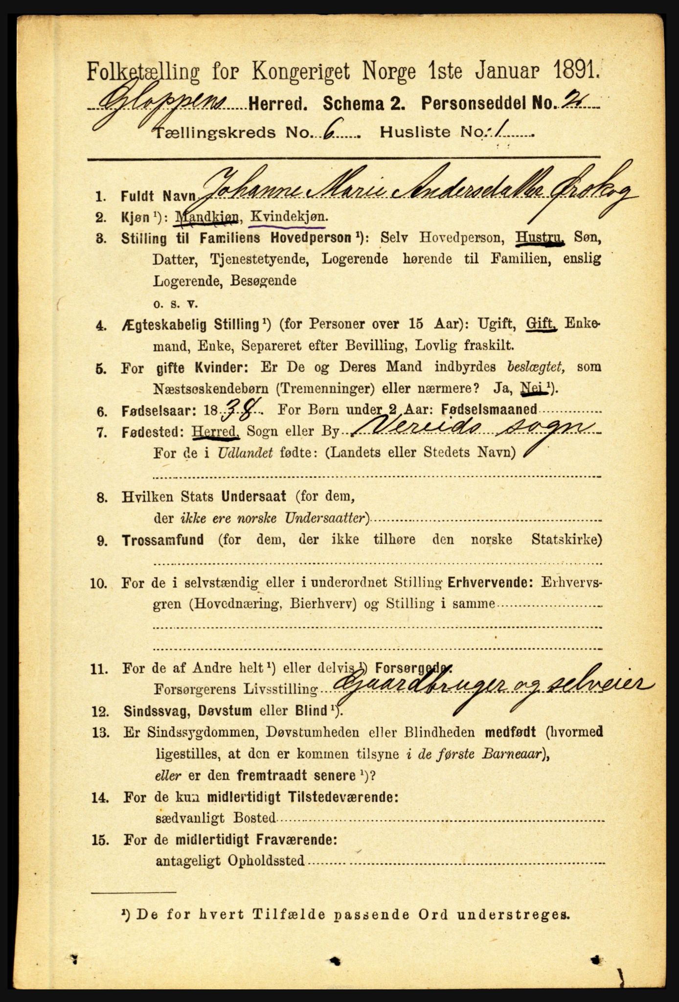 RA, 1891 census for 1445 Gloppen, 1891, p. 2255