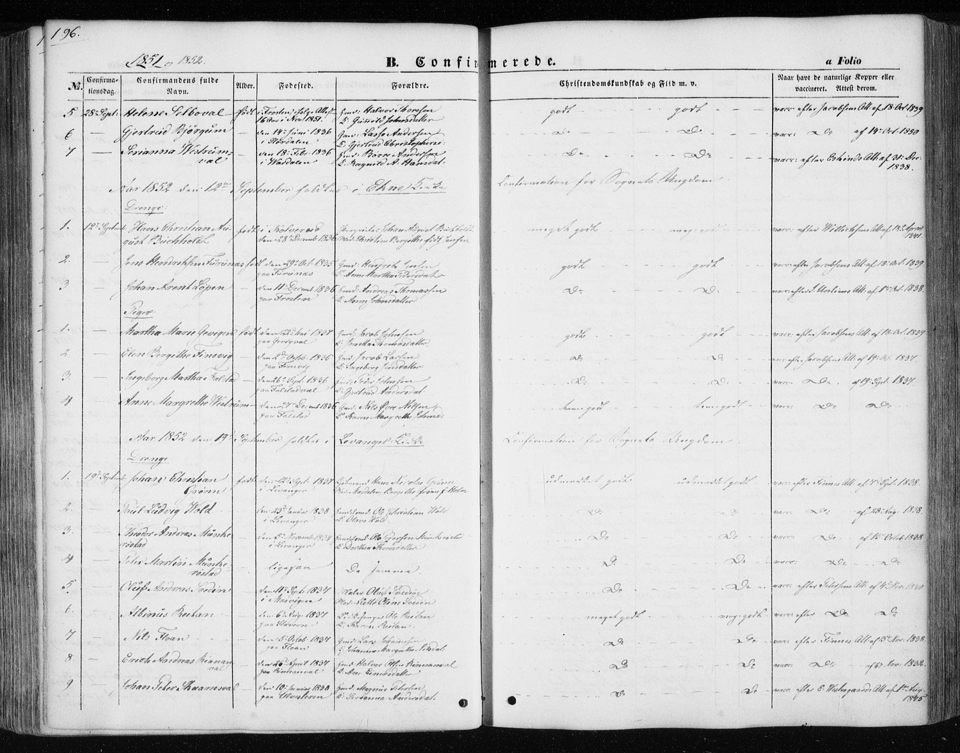 Ministerialprotokoller, klokkerbøker og fødselsregistre - Nord-Trøndelag, AV/SAT-A-1458/717/L0154: Parish register (official) no. 717A07 /1, 1850-1862, p. 196