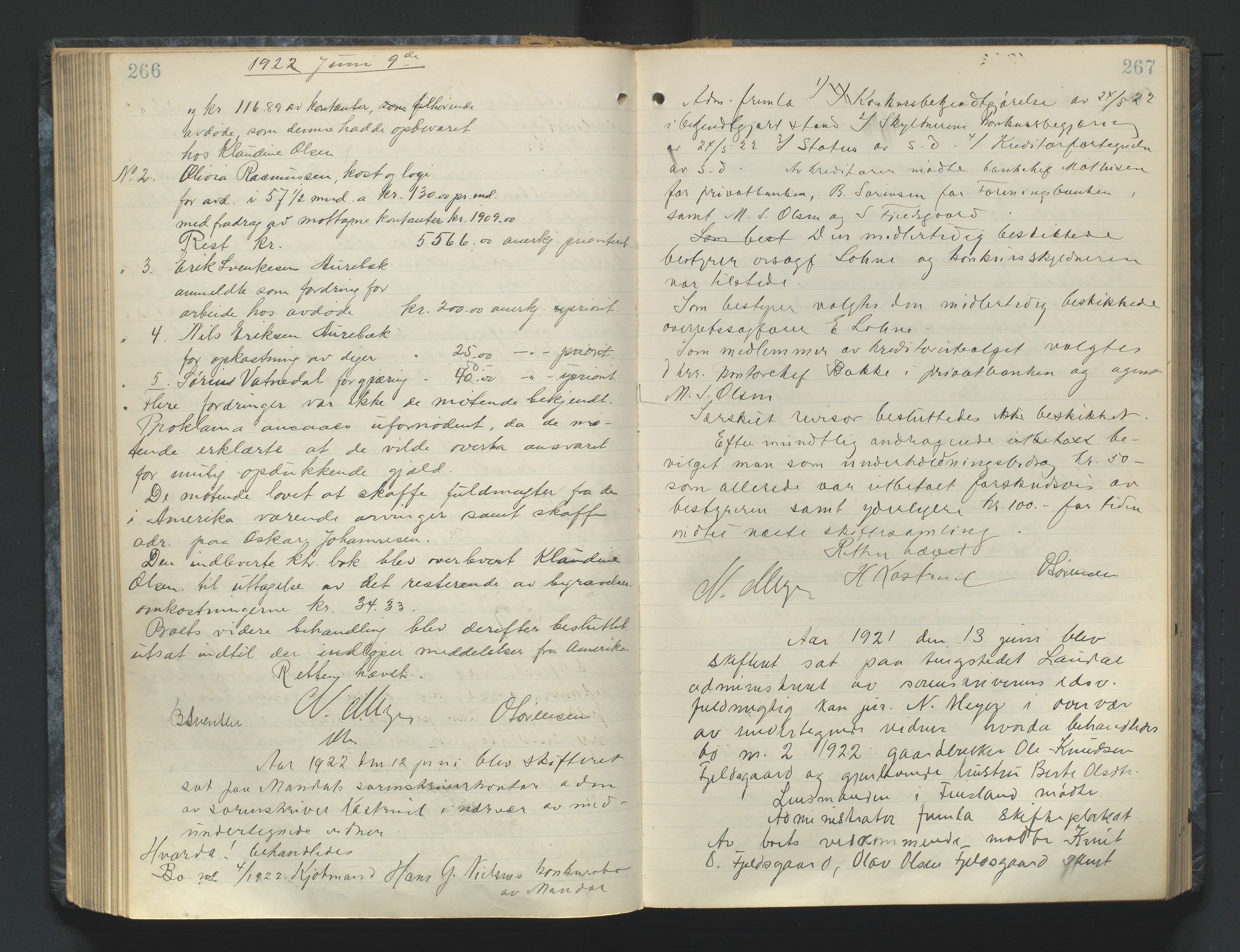 Mandal sorenskriveri, AV/SAK-1221-0005/001/H/Hc/L0084: Skifteforhandlingsprotokoll nr 16, 1921-1924, p. 266-267
