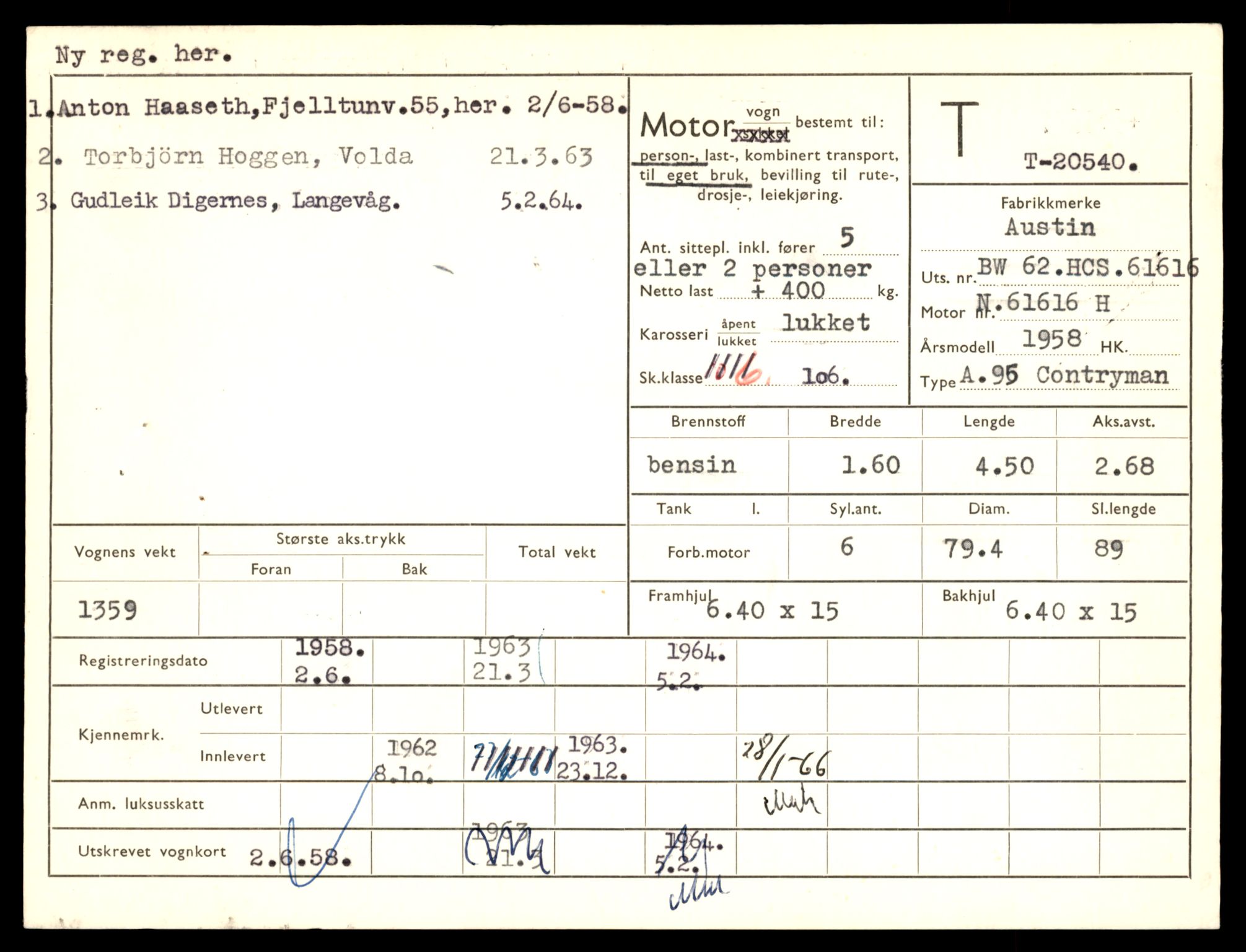 Møre og Romsdal vegkontor - Ålesund trafikkstasjon, AV/SAT-A-4099/F/Fe/L0053: Registreringskort for kjøretøy T 20540 - T 20714, 1927-1998, p. 7