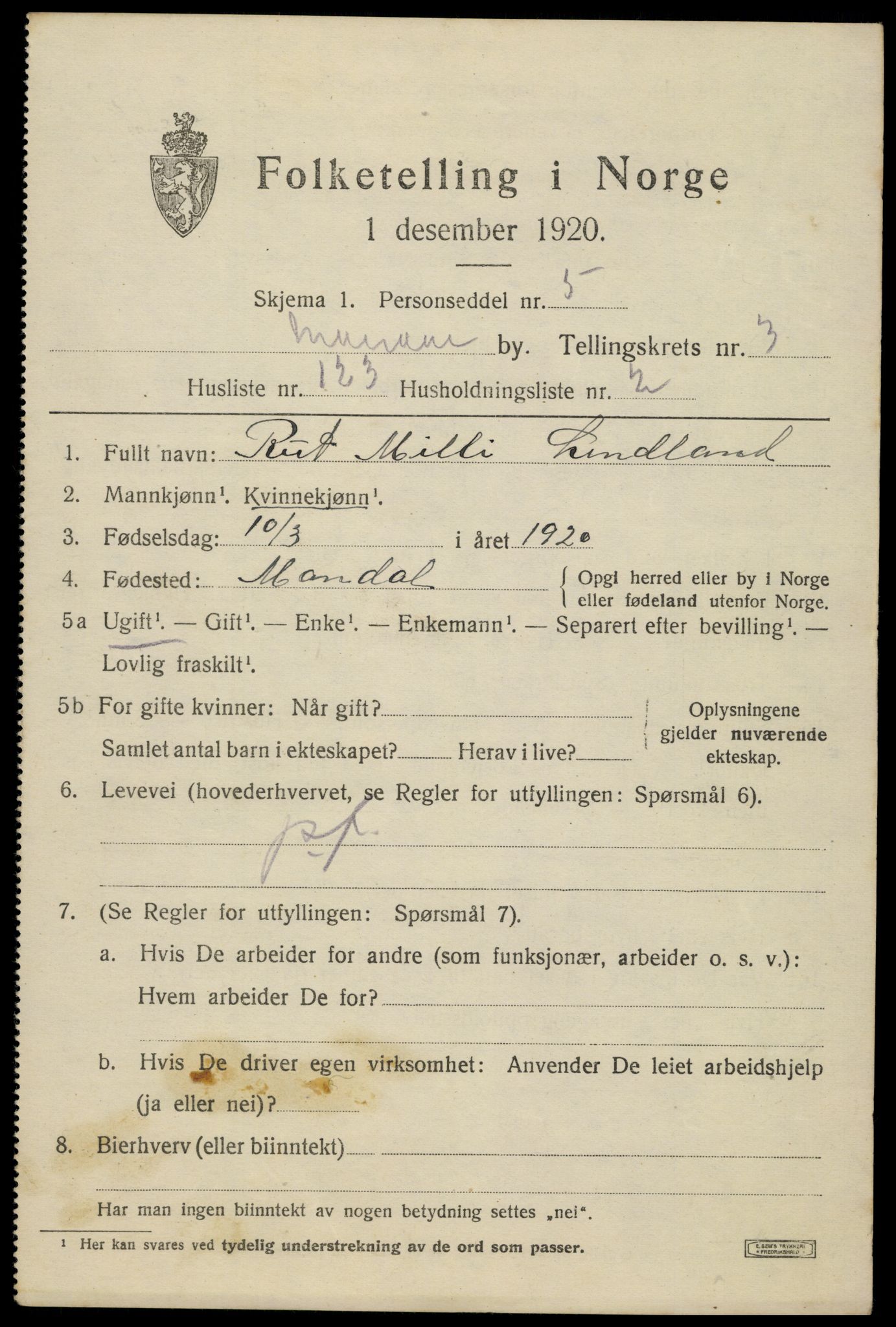 SAK, 1920 census for Mandal, 1920, p. 6877