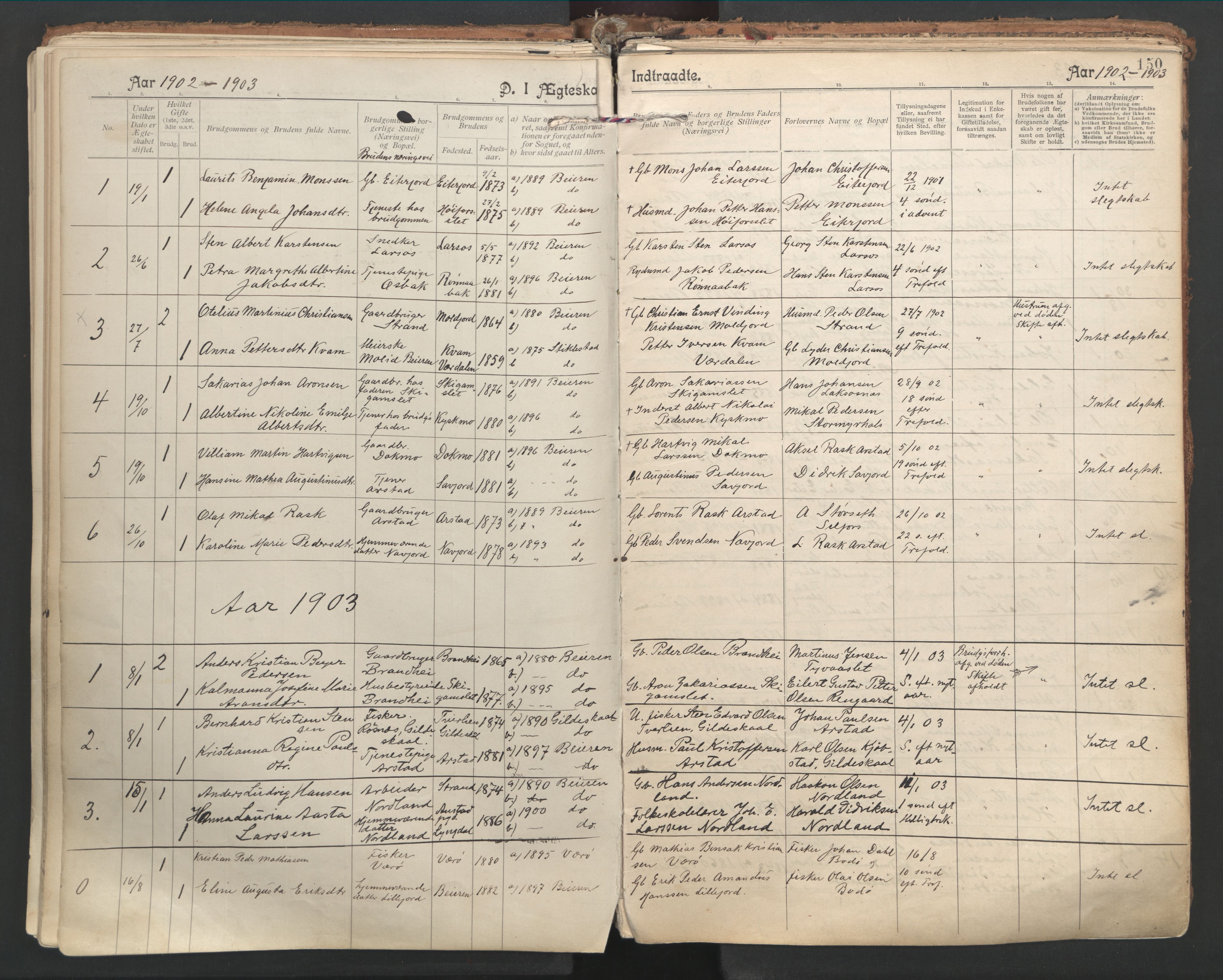 Ministerialprotokoller, klokkerbøker og fødselsregistre - Nordland, AV/SAT-A-1459/846/L0647: Parish register (official) no. 846A05, 1902-1915, p. 150