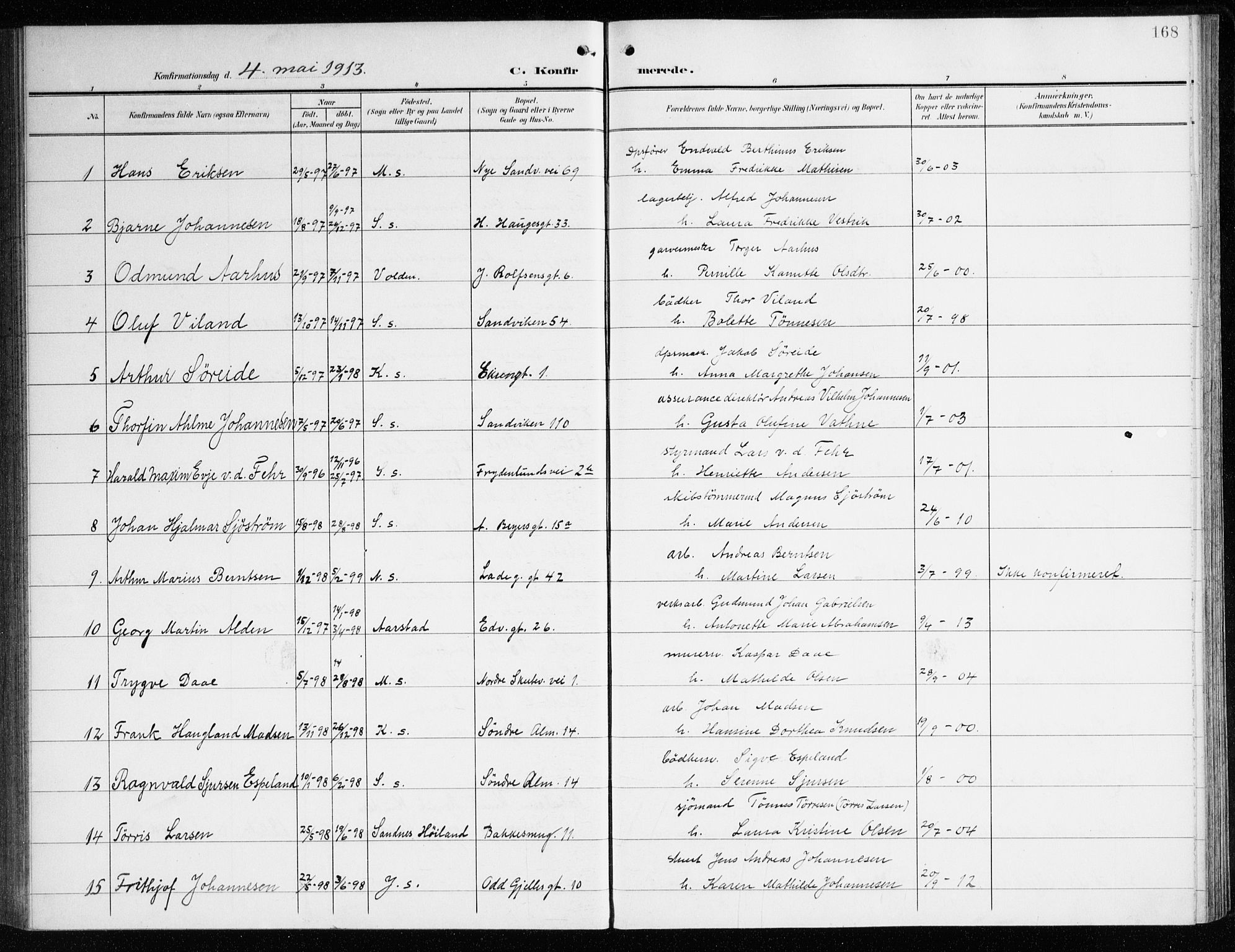 Sandviken Sokneprestembete, SAB/A-77601/H/Ha/L0011: Parish register (official) no. C 2, 1905-1918, p. 168