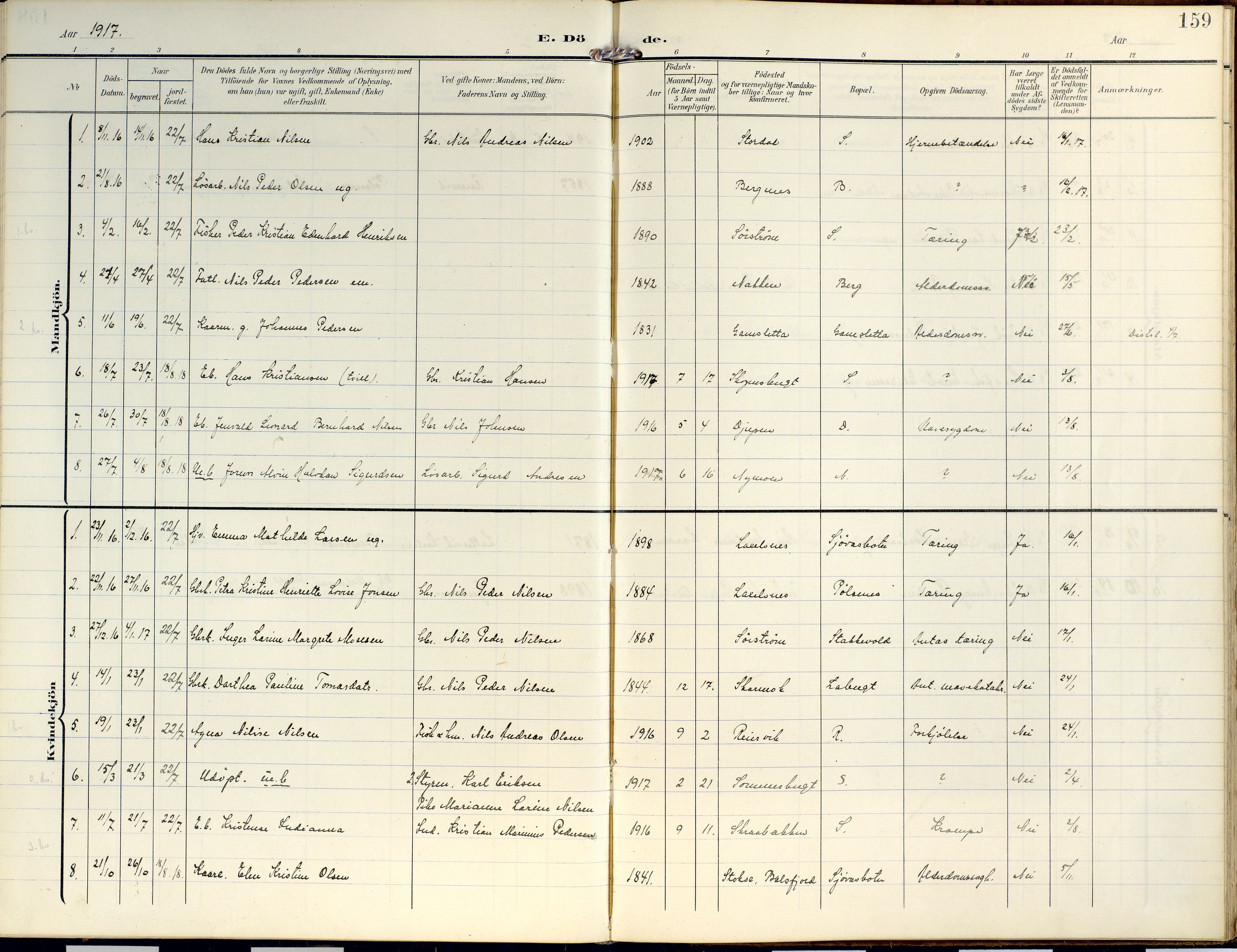 Lyngen sokneprestembete, AV/SATØ-S-1289/H/He/Hea/L0014kirke: Parish register (official) no. 14, 1905-1920, p. 159