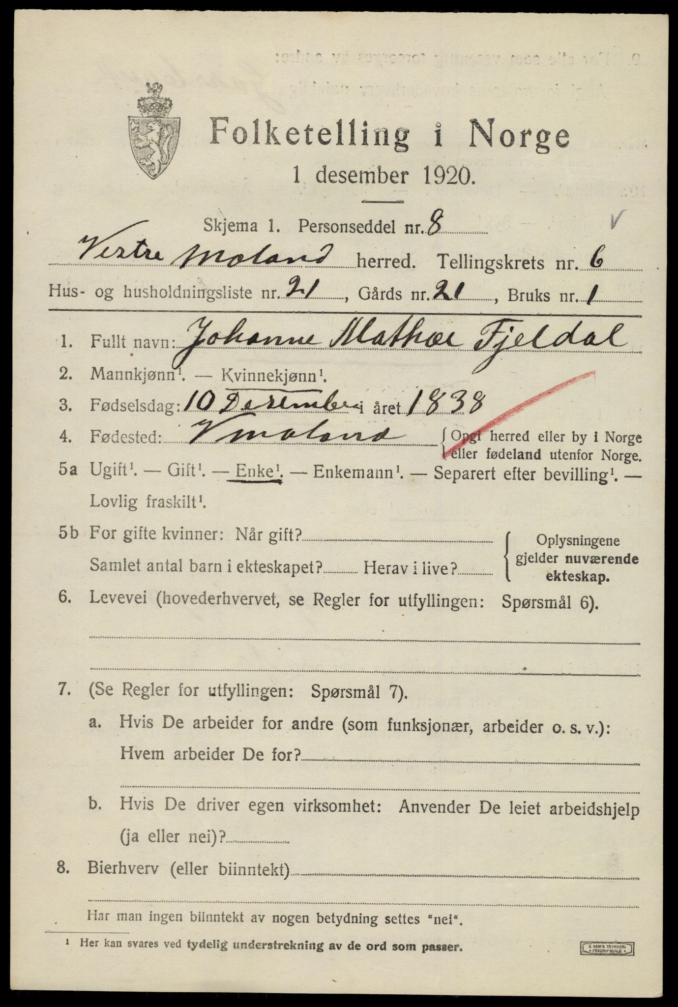 SAK, 1920 census for Vestre Moland, 1920, p. 4755