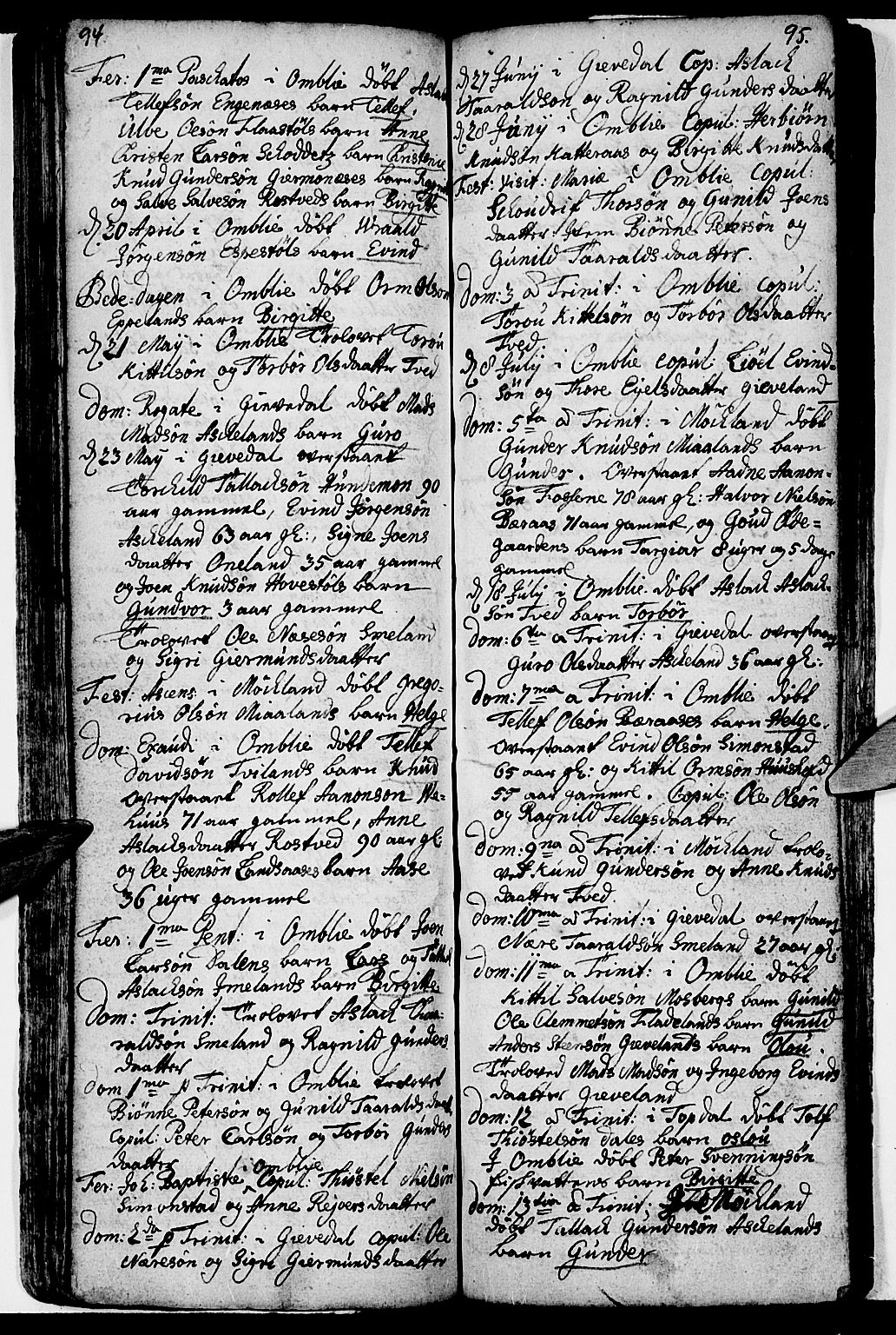 Åmli sokneprestkontor, AV/SAK-1111-0050/F/Fa/Fac/L0001: Parish register (official) no. A 1, 1711-1740, p. 94-95