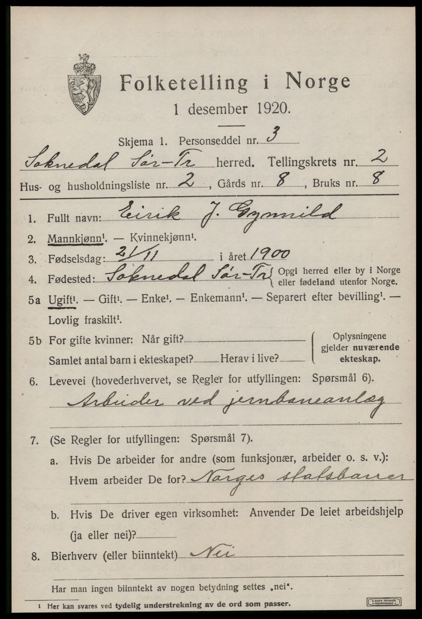 SAT, 1920 census for Soknedal, 1920, p. 1234