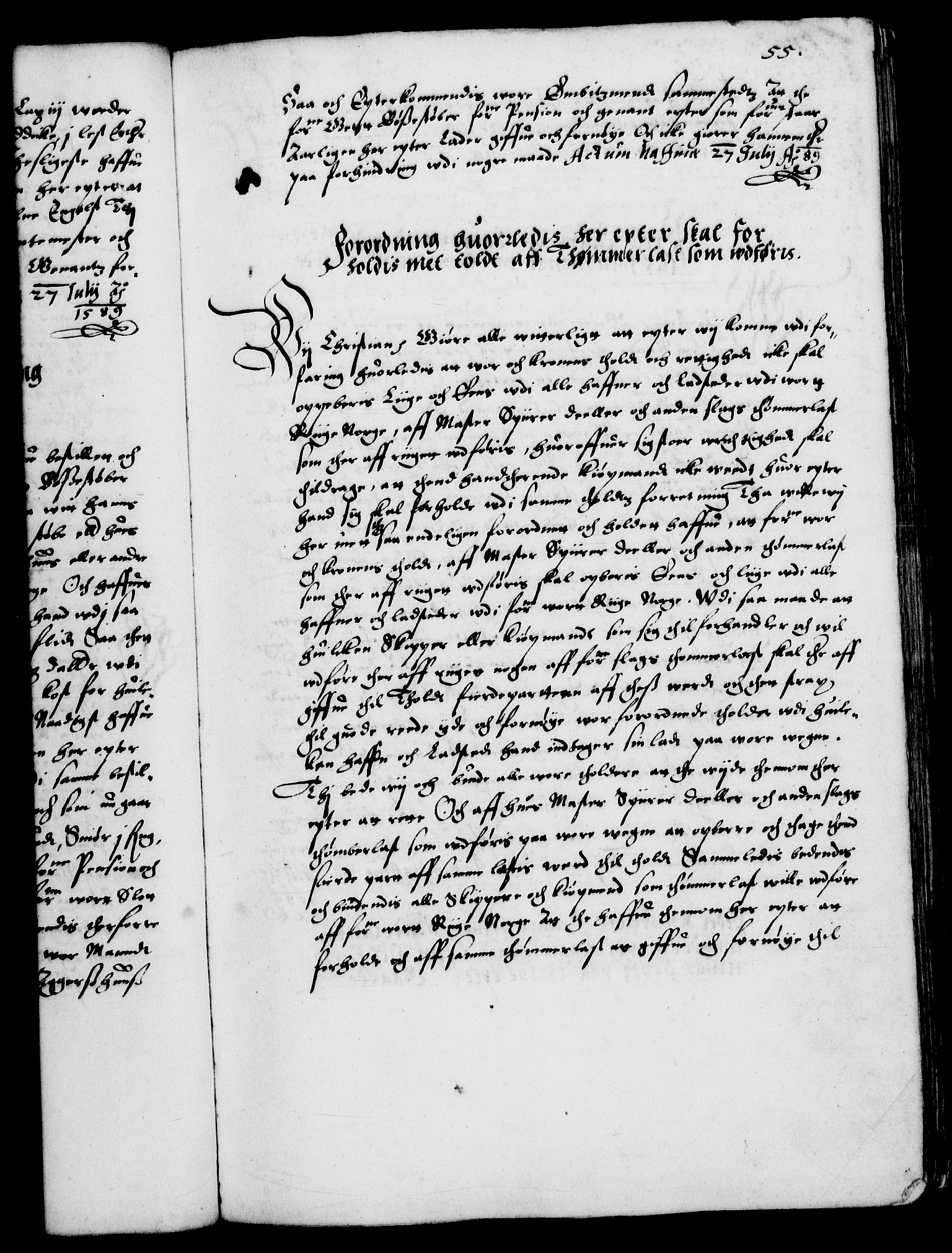 Danske Kanselli 1572-1799, AV/RA-EA-3023/F/Fc/Fca/Fcaa/L0002: Norske registre (mikrofilm), 1588-1596, p. 55a