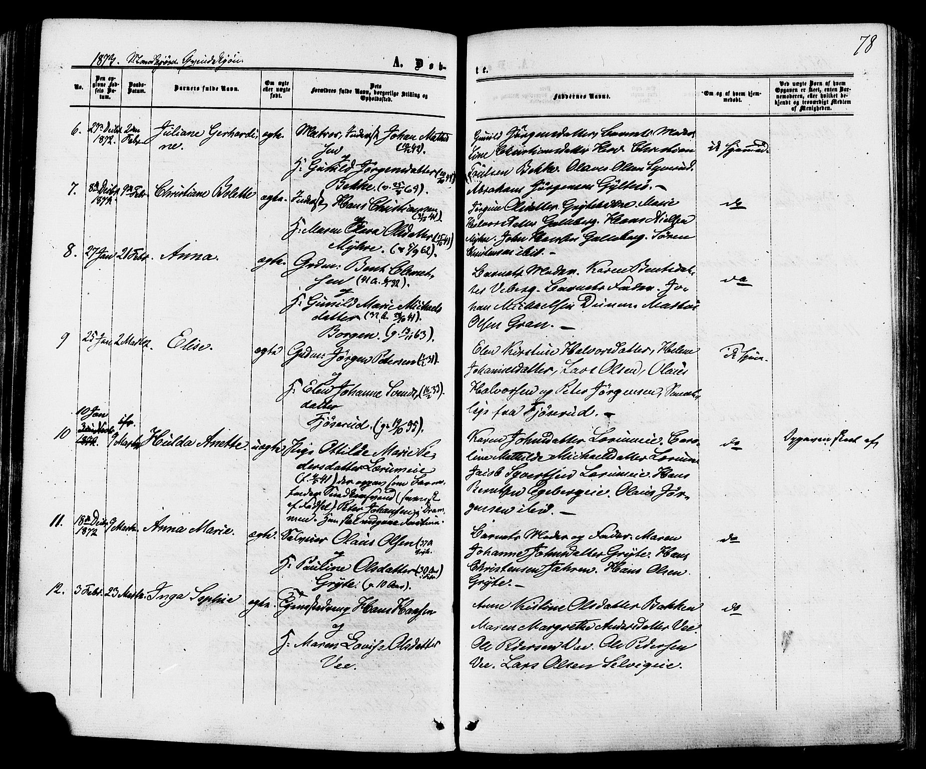Sande Kirkebøker, SAKO/A-53/F/Fa/L0005: Parish register (official) no. 5, 1865-1877, p. 78