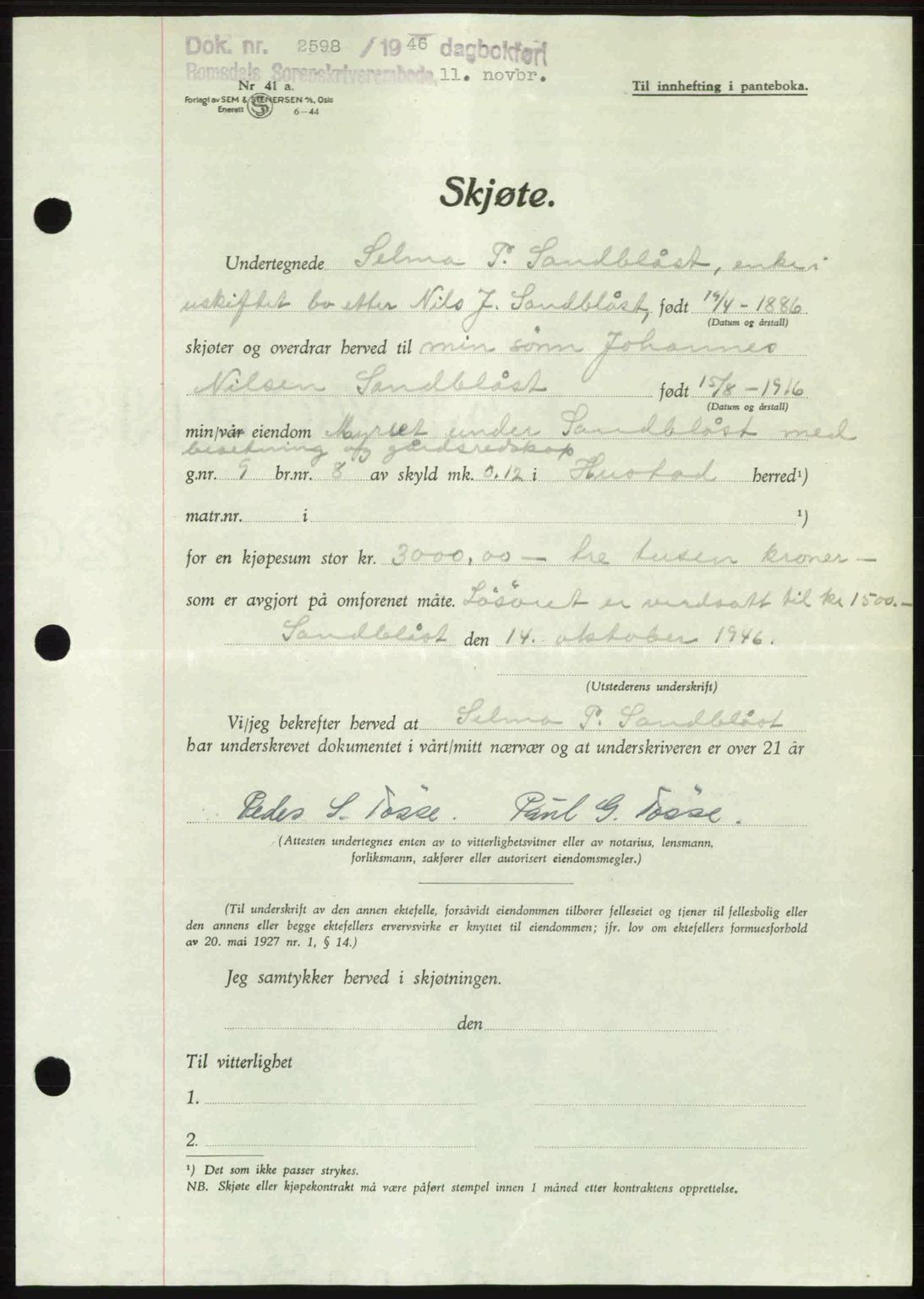 Romsdal sorenskriveri, AV/SAT-A-4149/1/2/2C: Mortgage book no. A21, 1946-1946, Diary no: : 2598/1946