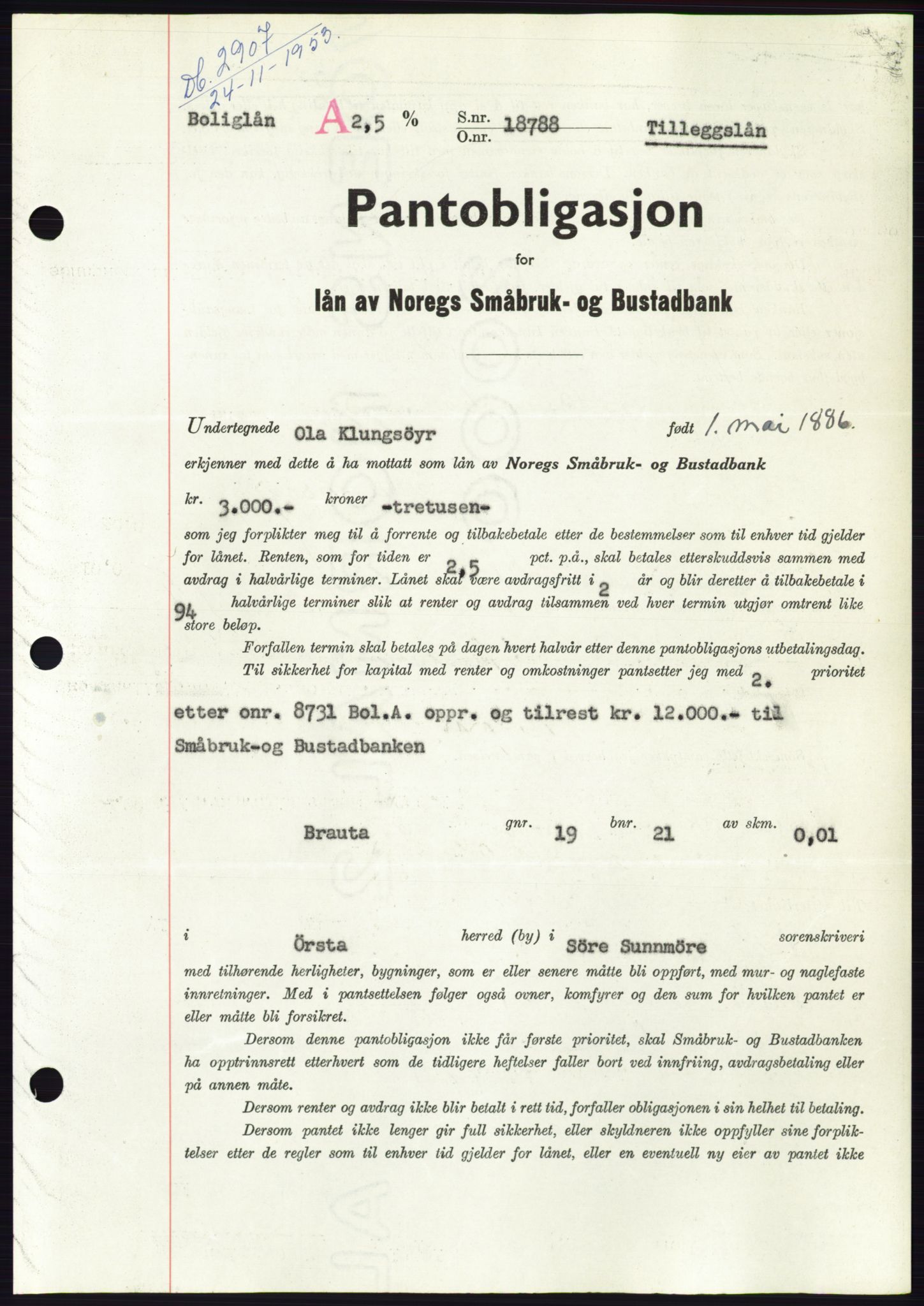 Søre Sunnmøre sorenskriveri, AV/SAT-A-4122/1/2/2C/L0124: Mortgage book no. 12B, 1953-1954, Diary no: : 2907/1953