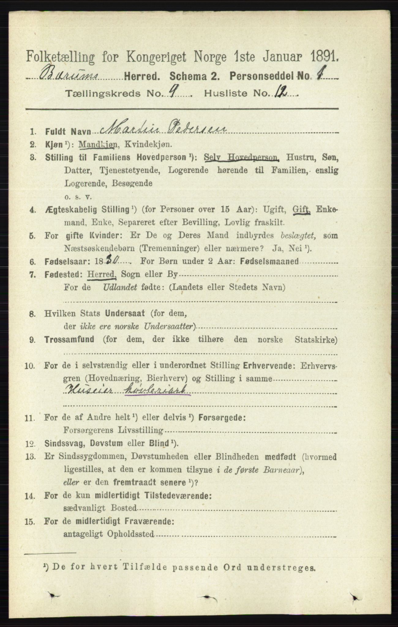 RA, 1891 census for 0219 Bærum, 1891, p. 5224