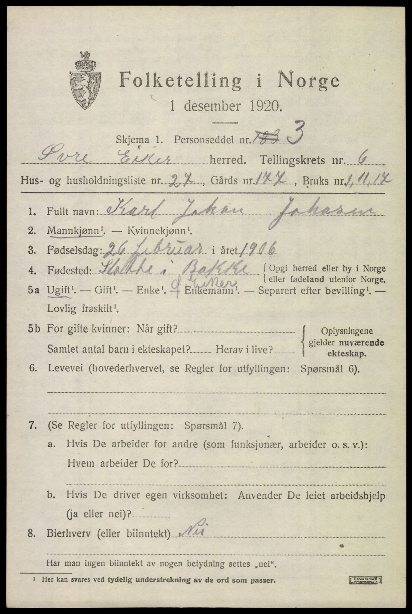 SAKO, 1920 census for Øvre Eiker, 1920, p. 13036